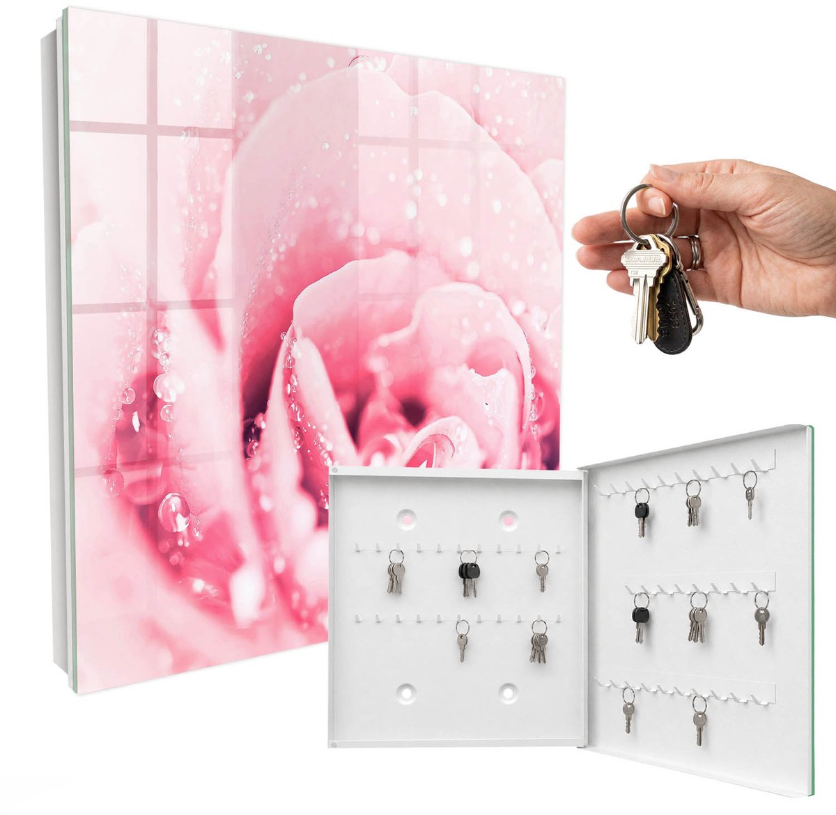 WallMuralia - Sleutelkast - 30x30x5 cm - met 50 haken - Rozen Delicatesse Groot Sleutelkastje - Roze Sleutelbox - Rechtsopenend - Wit interieur