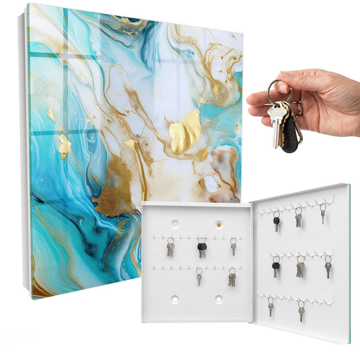 WallMuralia - Sleutelkast - 30x30x5 cm - met 50 haken - Turkooizen Patronen Groot Sleutelkastje - Turkoois Sleutelbox - Rechtsopenend - Wit interieur