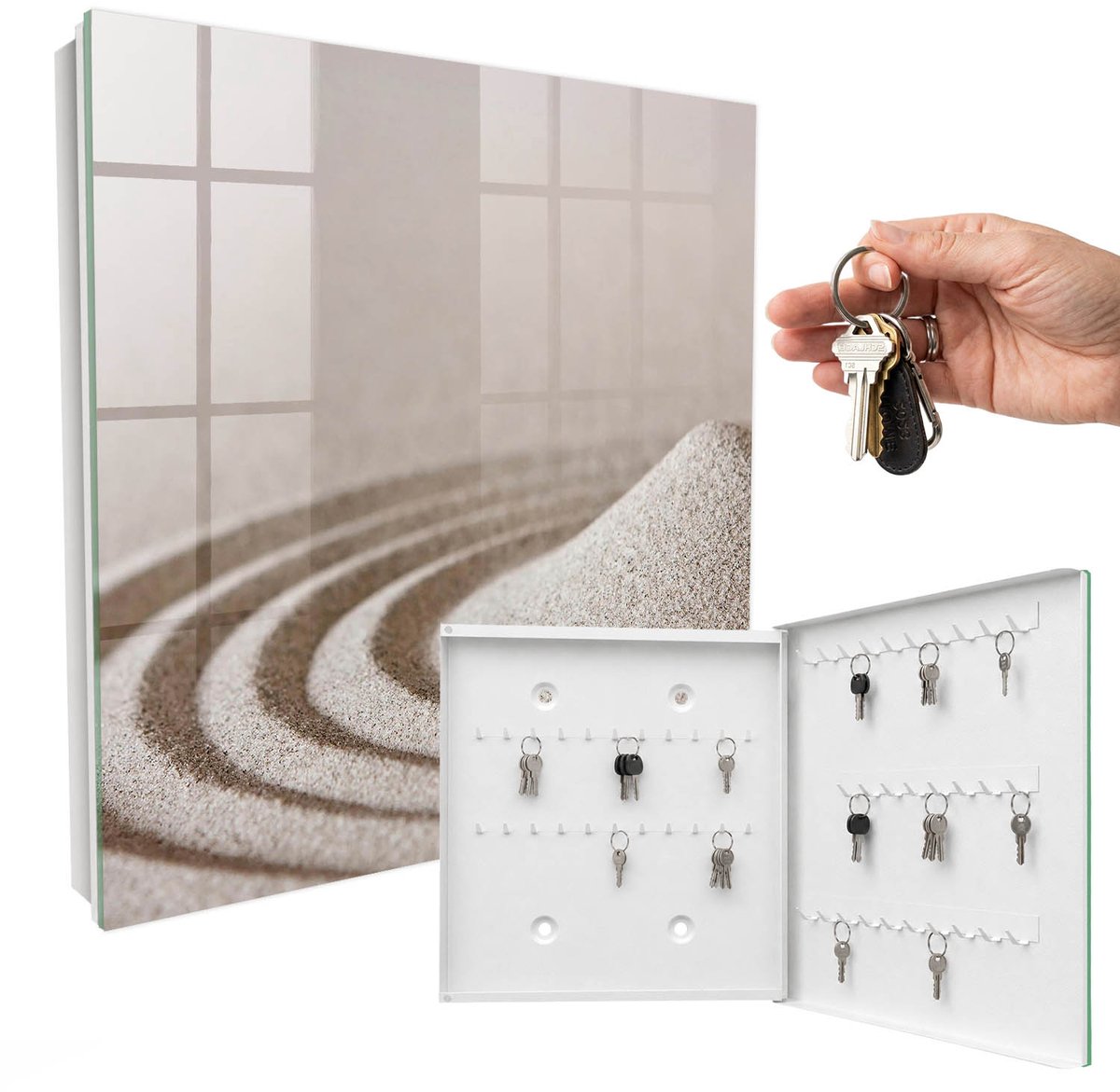 WallMuralia - Sleutelkast - 30x30x5 cm - met 50 haken - Zen-Tuin Sleutelkastje Landelijk - Beige Sleutelbox - Rechtsopenend - Wit interieur
