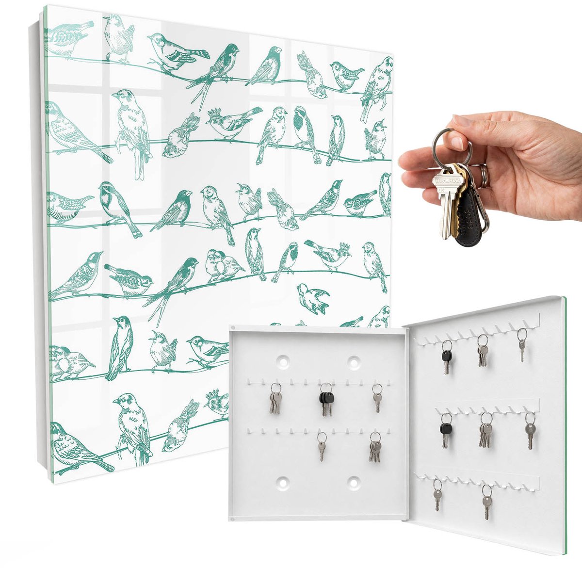 WallMuralia - Sleutelkast - 30x30x5 cm - met 50 haken - Vogels Op De Takken Sleutelkastje Binnen - Wit Sleutelbox - Rechtsopenend - Wit interieur