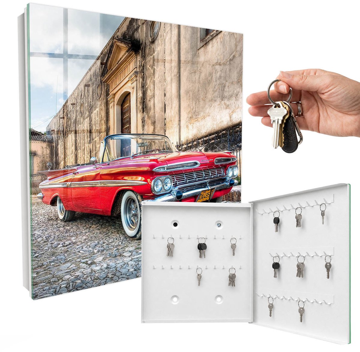 WallMuralia - Sleutelkast - 30x30x5 cm - met 50 haken - Retro Auto Design Sleutelkastje - Rood Sleutelbox - Rechtsopenend - Wit interieur