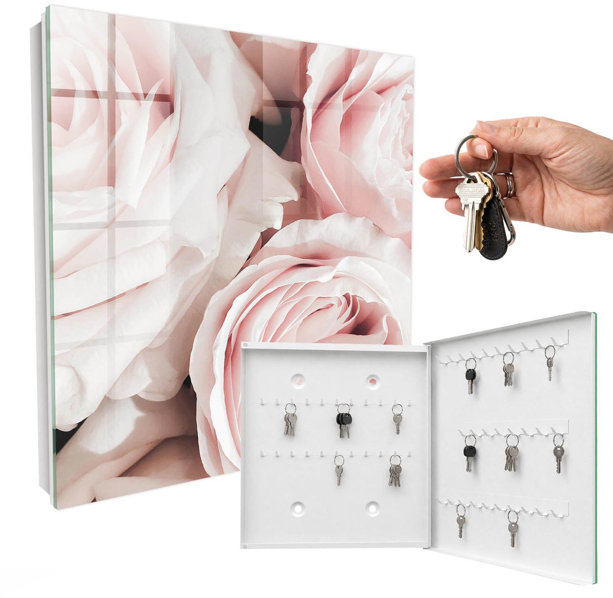 WallMuralia - Sleutelkast - 30x30x5 cm - met 50 haken - Pastel Rozen Sleutelkastje Muur - Roze Sleutelbox - Rechtsopenend - Wit interieur