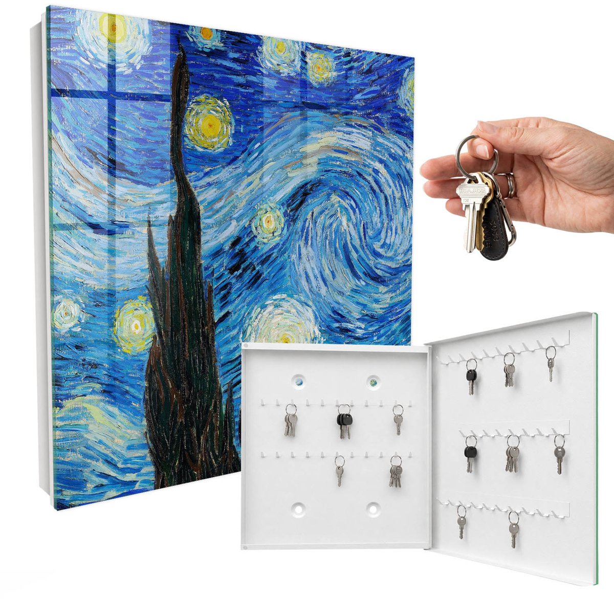 WallMuralia - Sleutelkast - 30x30x5 cm - met 50 haken - Nachtelijke Hemel Sleutelkastje Binnen - Blauw Sleutelbox - Rechtsopenend - Wit interieur