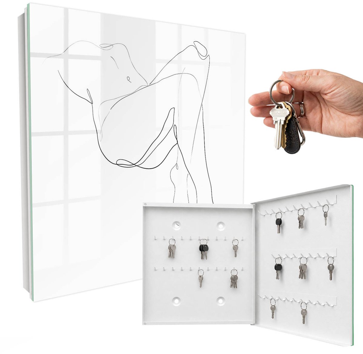 WallMuralia - Sleutelkast - 30x30x5 cm - met 50 haken - Lijntekening Van Een Vrouw Sleutelkastje - Zwart-Wit Sleutelbox - Rechtsopenend - Wit interieur