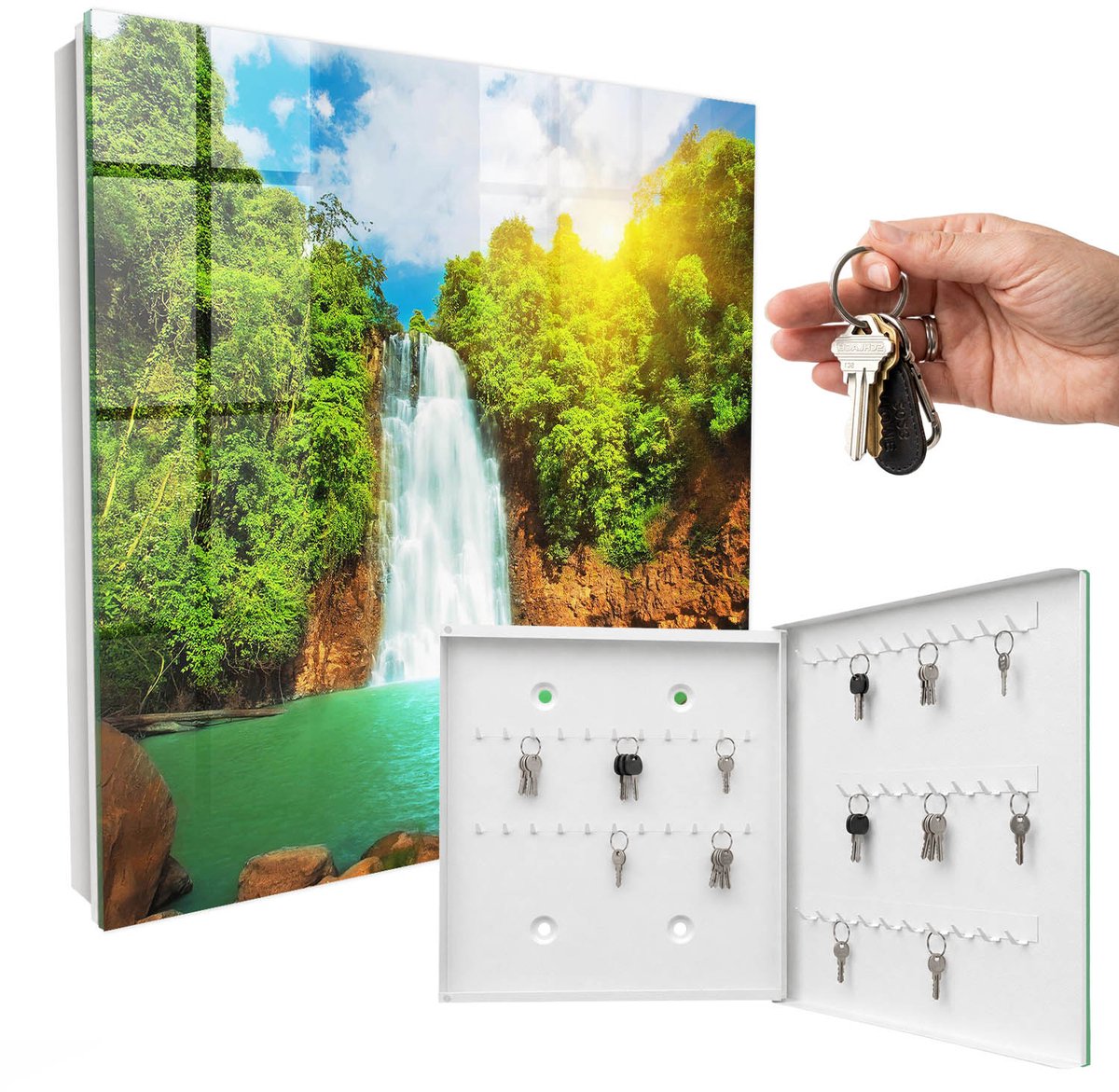 WallMuralia - Sleutelkast - 30x30x5 cm - met 50 haken - Tropische Waterval Sleutelkastje - Groente Sleutelbox - Rechtsopenend - Wit interieur
