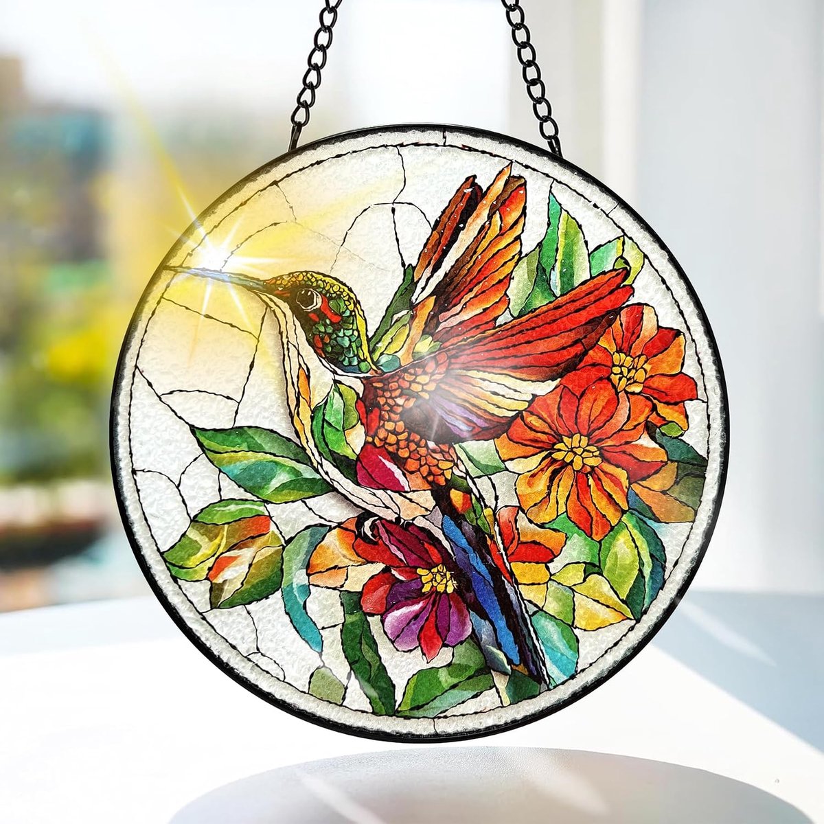 Kolibrie Gekleurd Glas Hangend - Bloemen Hangende Raamdecoratie - voor Tuin, Raam en Deur, Kerst, Handgemaakte Suncatcher Decoratie 20x20 cm