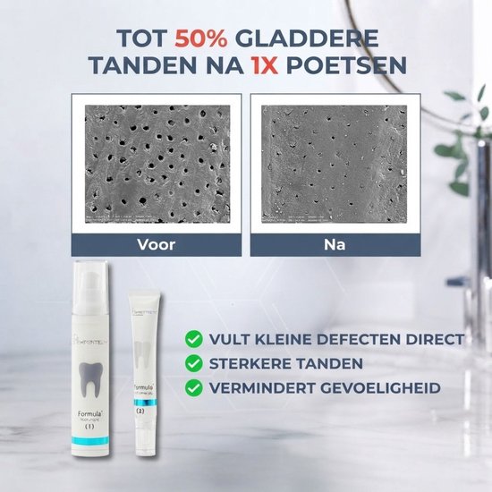 Twee vergrotingen van tandoppervlakken, links 'Voor' en rechts 'Na'. "Tot 50% Gladdere Tanden Na 1x Poetsen" staat bovenaan. Twee tandpasta producten staan onderaan.