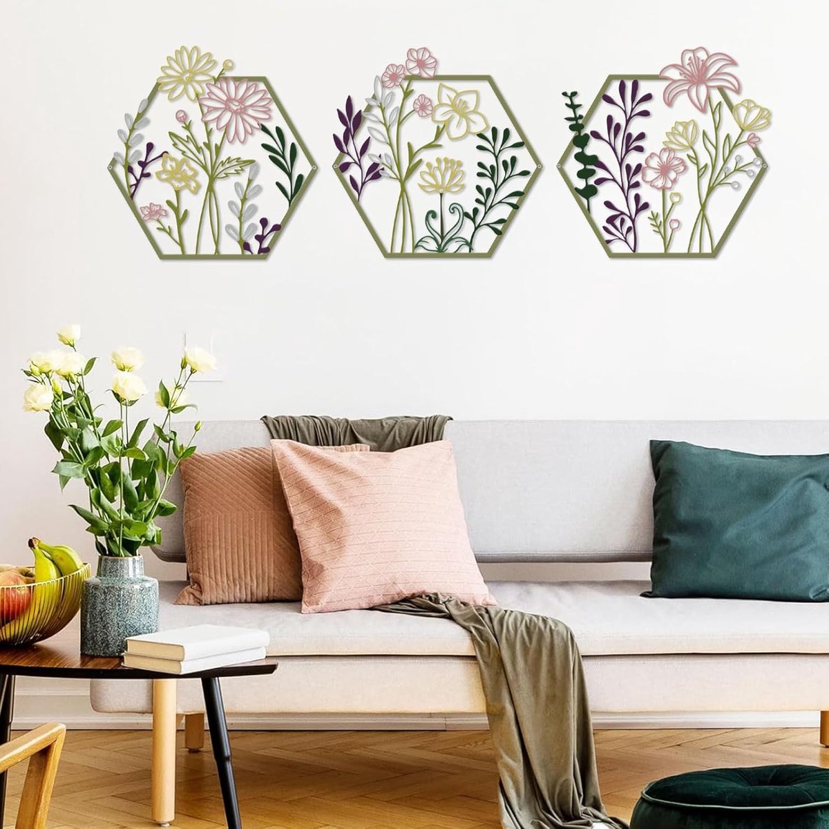 3 Stuks Metalen Bloemen Muurdecor, Minimalistische Bloemen