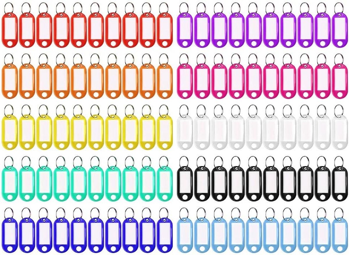 100 stuks beschrijfbare sleutelhangers van kunststof met