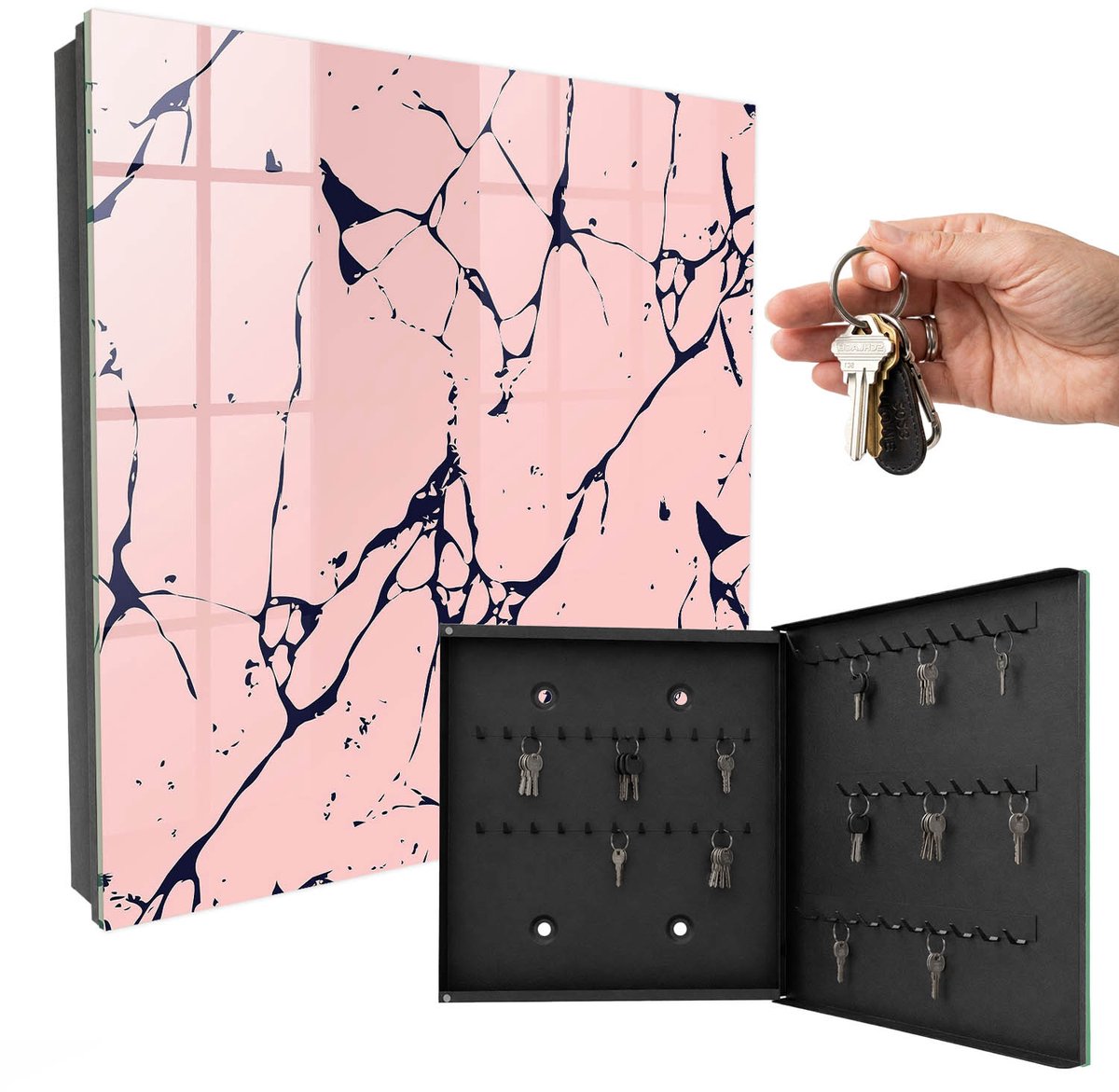 WallMuralia - Sleutelkast - 30x30x5 cm - met 50 haken - Marmeren Mozaïek Sleutelkastje Binnen - Roze Sleutelbox - Rechtsopenend - Zwart interieur