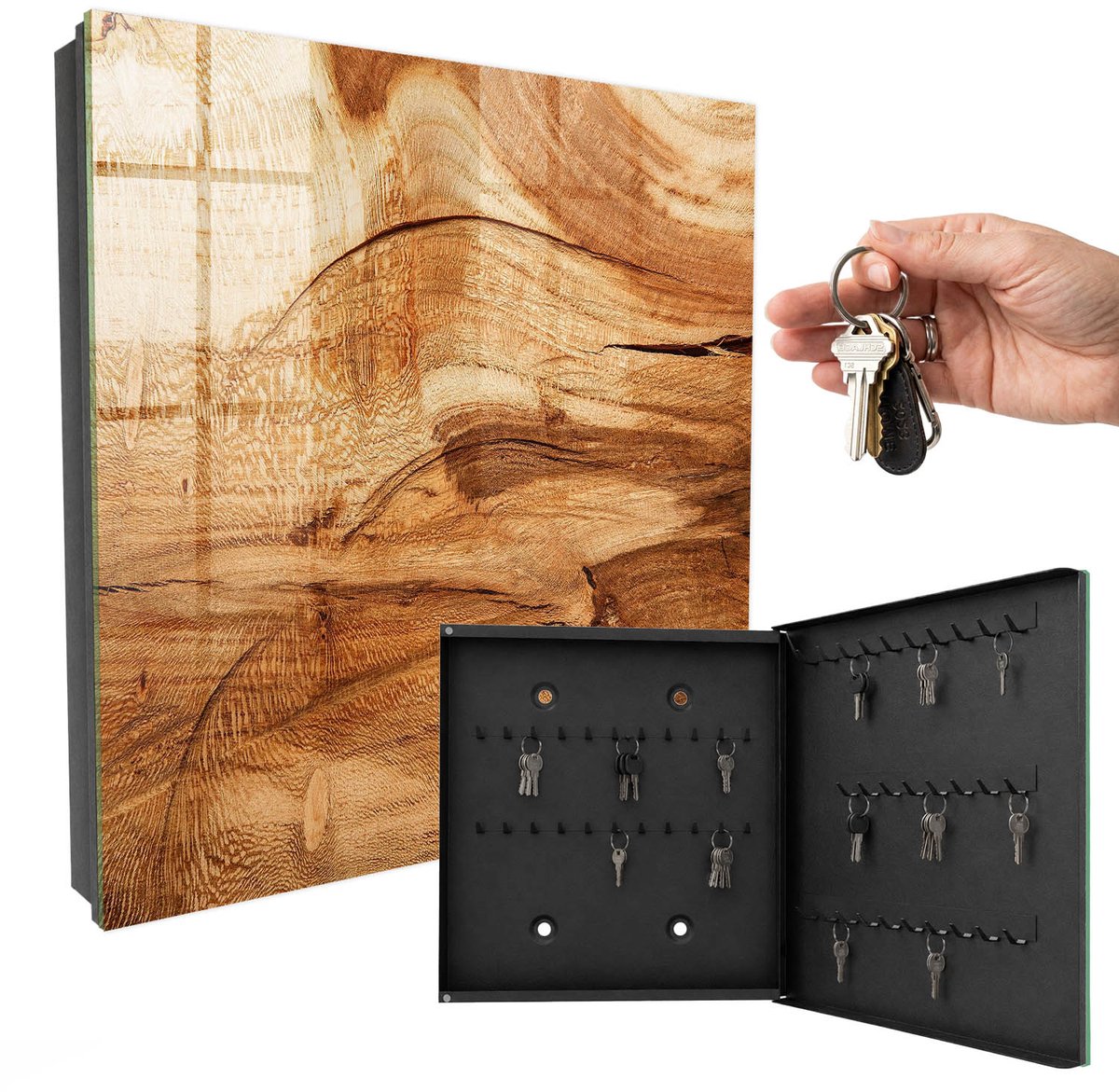 WallMuralia - Sleutelkast - 30x30x5 cm - met 50 haken - Houtstructuur Groot Sleutelkastje - Beige Sleutelbox - Rechtsopenend - Zwart interieur