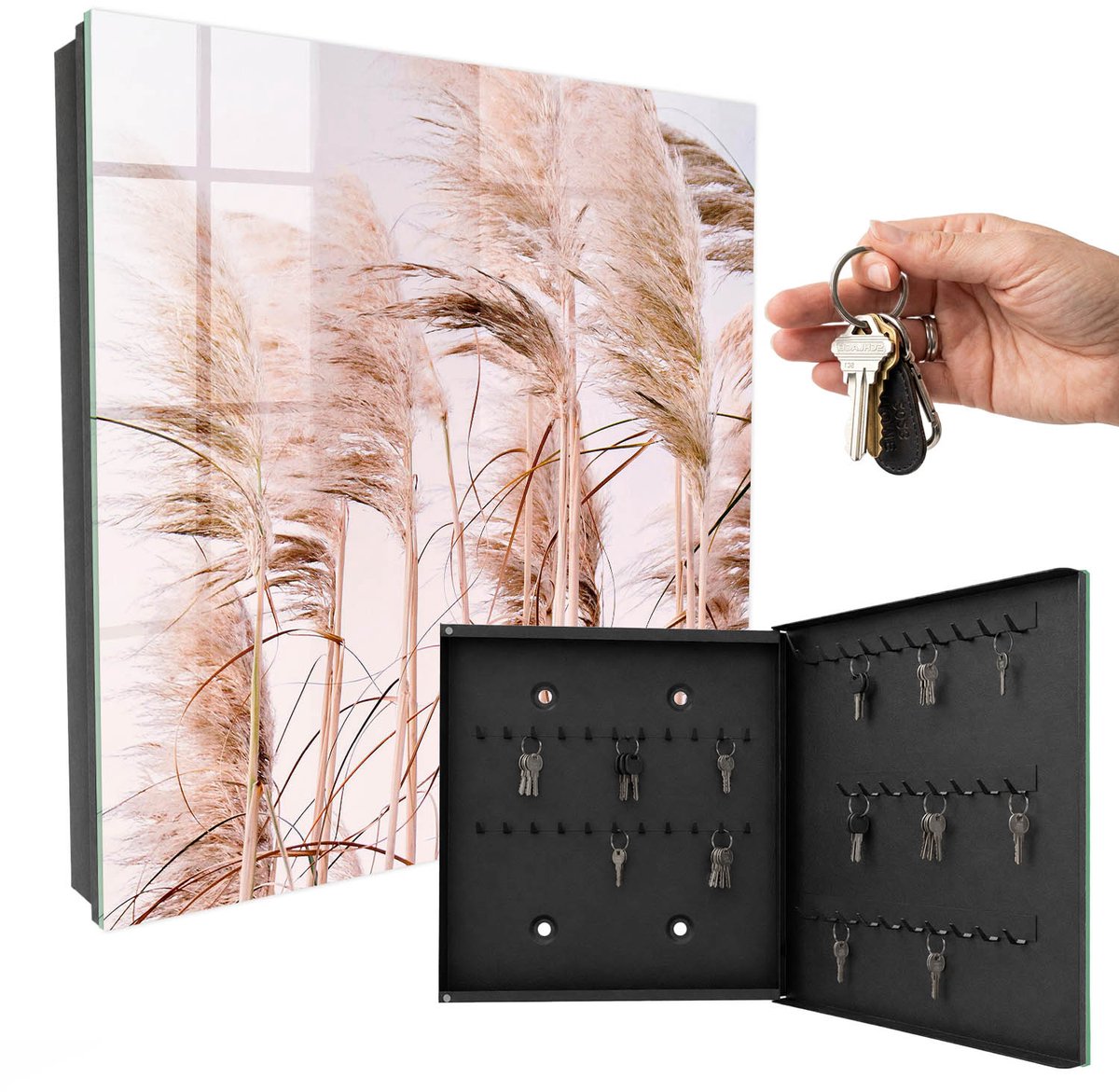 WallMuralia - Sleutelkast - 30x30x5 cm - met 50 haken - Sensuele Natuur Sleutelkastje Voor Binnen - Beige Sleutelbox - Rechtsopenend - Zwart interieur