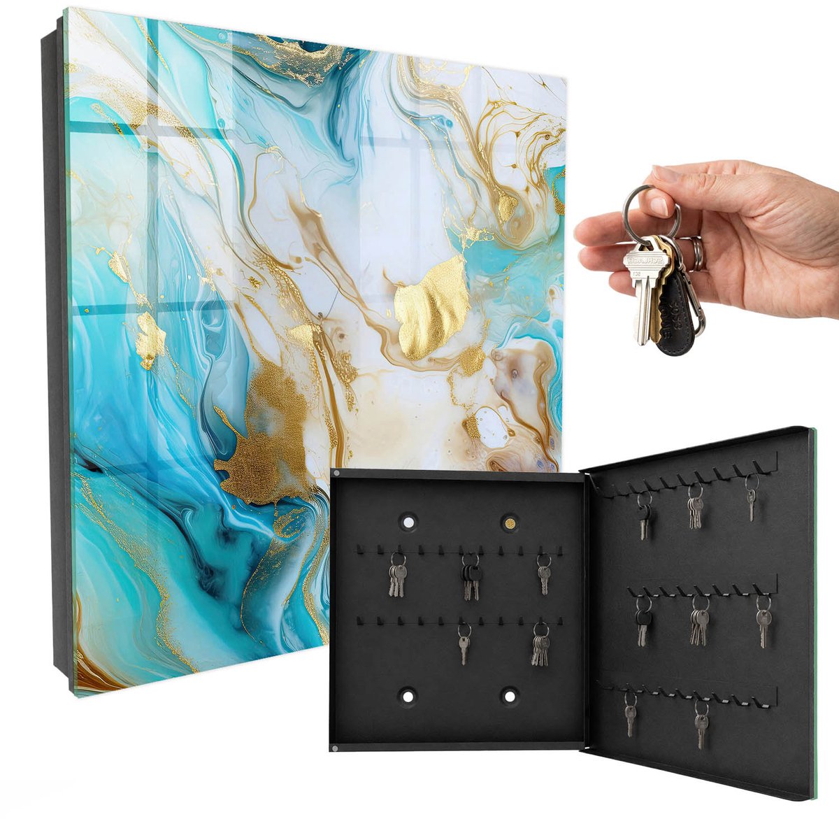 WallMuralia - Sleutelkast - 30x30x5 cm - met 50 haken - Turkooizen Patronen Sleutelkastje Landelijk - Turkoois Sleutelbox - Rechtsopenend - Zwart interieur