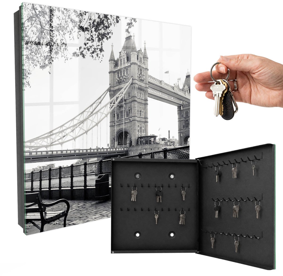 WallMuralia - Sleutelkast - 30x30x5 cm - met 50 haken - Gotische Brug Sleutelkastje Binnen - Zwart-Wit Sleutelbox - Rechtsopenend - Zwart interieur