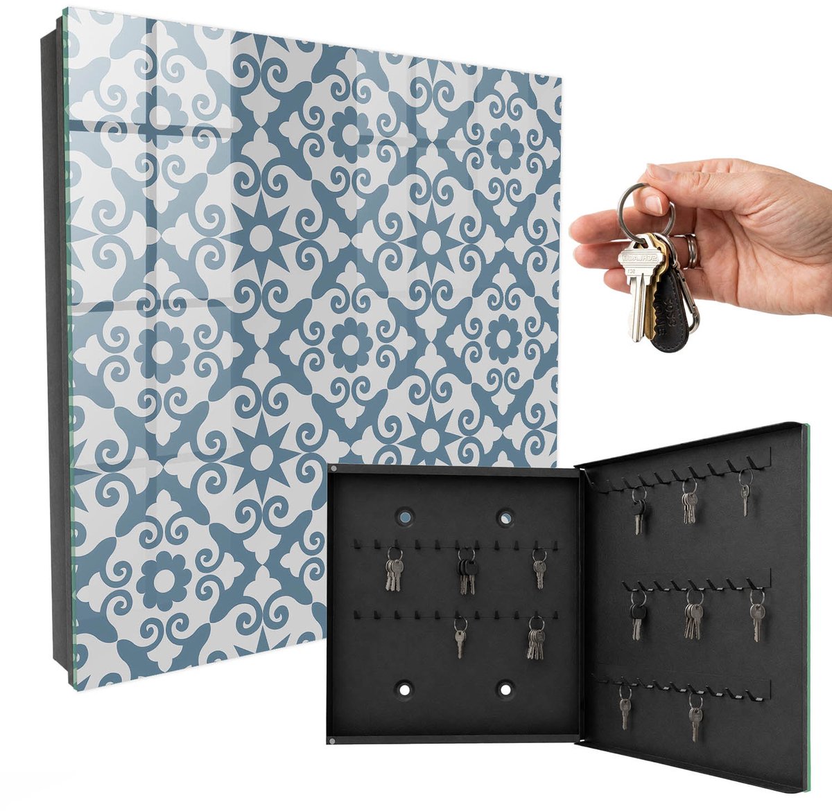 WallMuralia - Sleutelkast - 30x30x5 cm - met 50 haken - Geometrische Elegantie Sleutelkastje Voor Binnen - Grijs Sleutelbox - Rechtsopenend - Zwart interieur