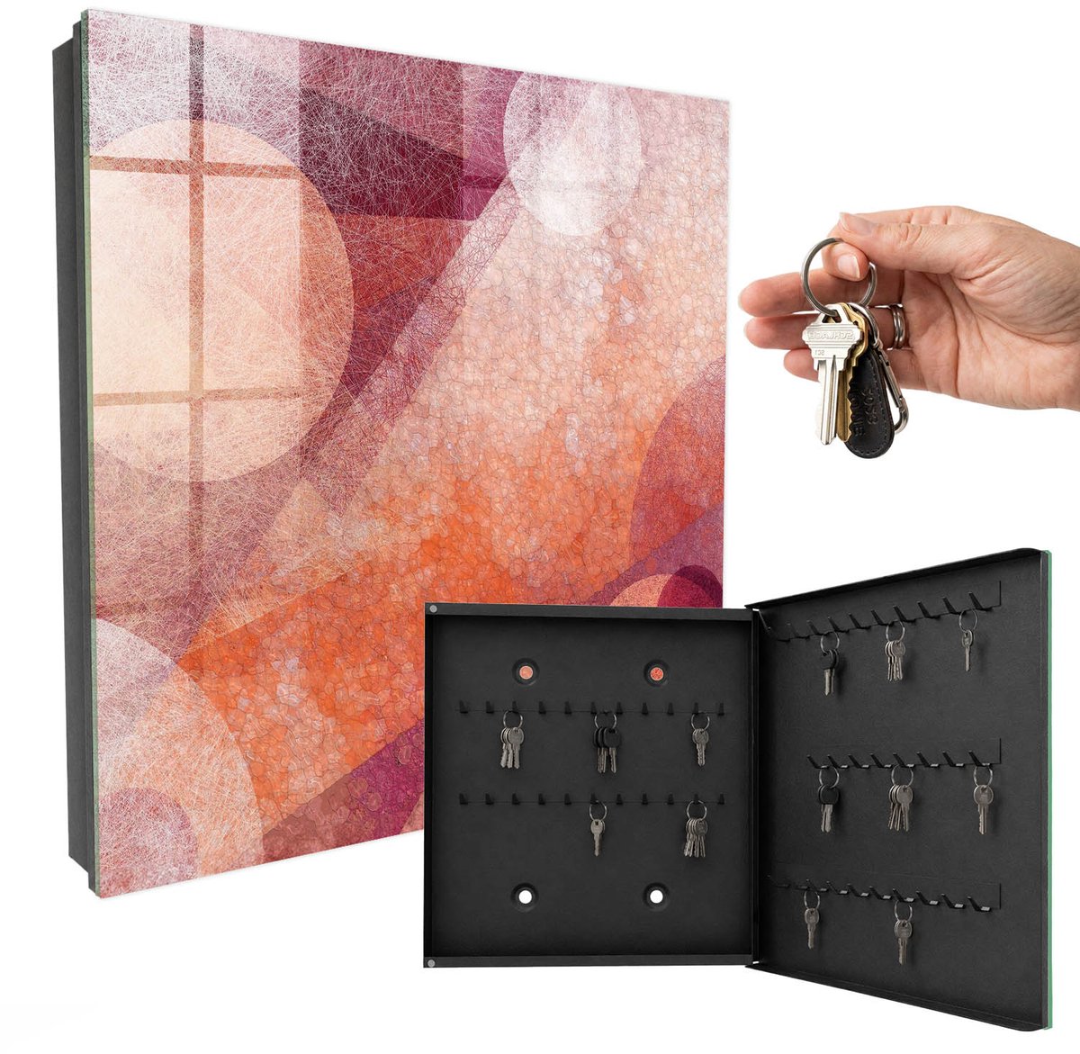 WallMuralia - Sleutelkast - 30x30x5 cm - met 50 haken - De Energie Van Abstractie Sleutelkastje Huis - Roze Sleutelbox - Rechtsopenend - Zwart interieur