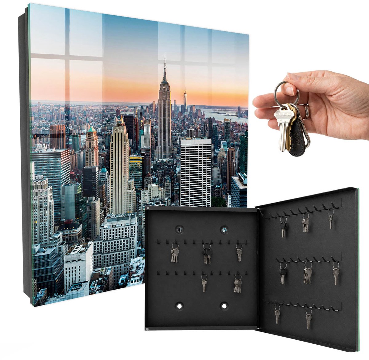 WallMuralia - Sleutelkast - 30x30x5 cm - met 50 haken - Stadspanorama Sleutelkastje Hal - Grijs Sleutelbox - Rechtsopenend - Zwart interieur