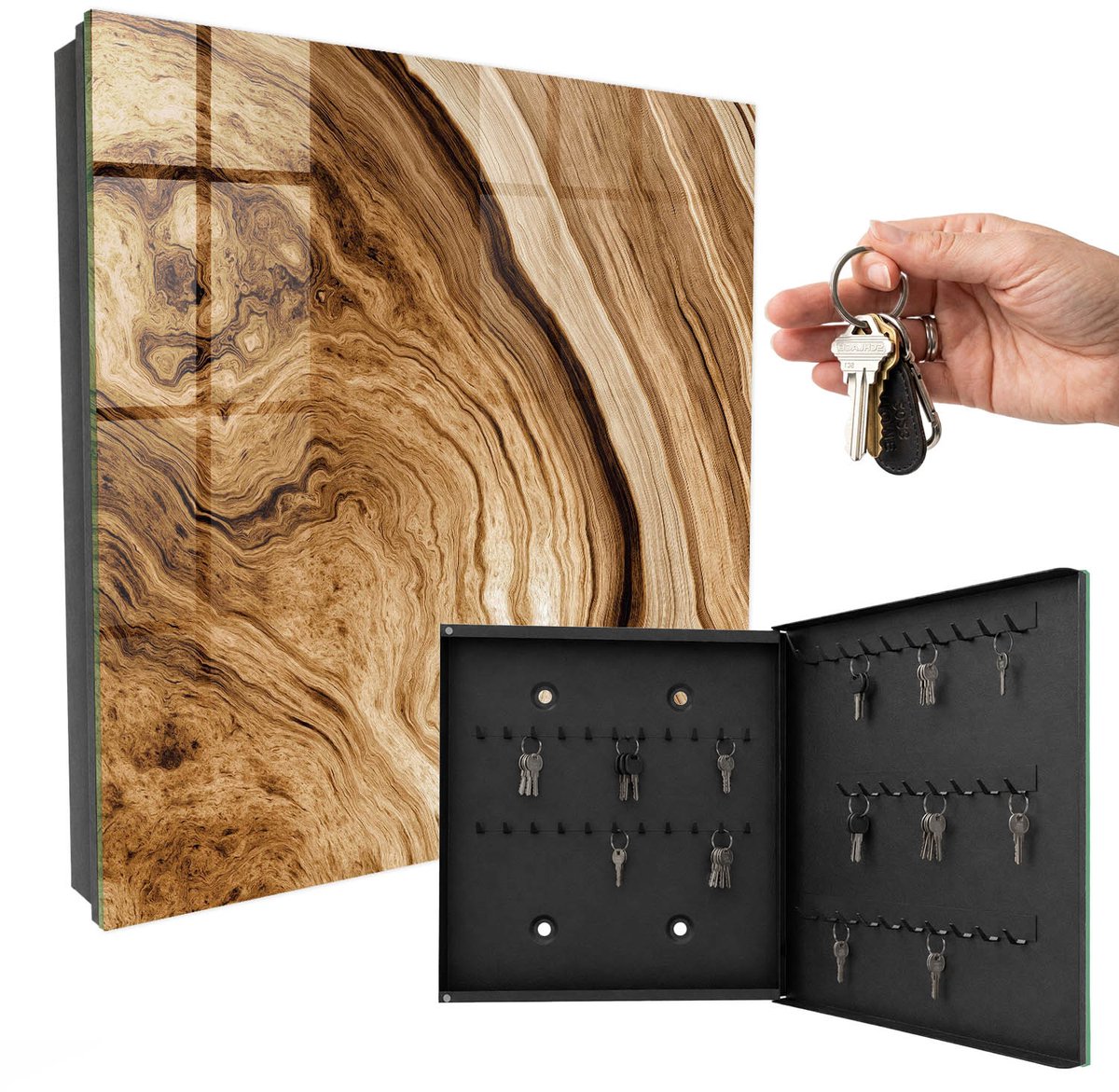 WallMuralia - Sleutelkast - 30x30x5 cm - met 50 haken - Golven Van Hout Sleutelkastje Voor Binnen - Bruin Sleutelbox - Rechtsopenend - Zwart interieur