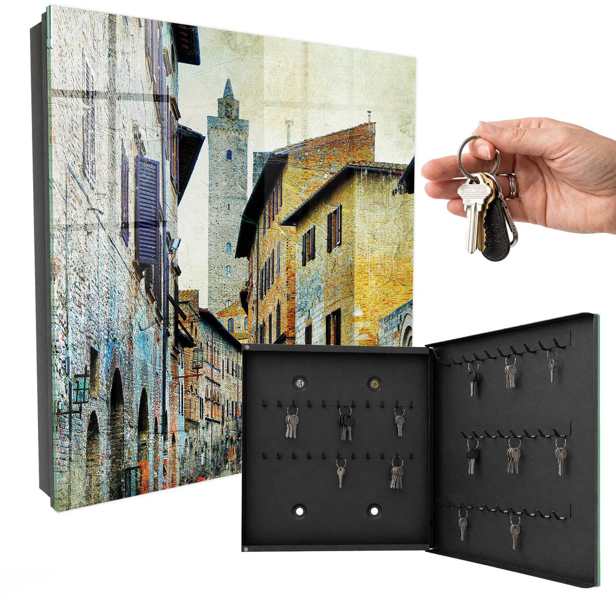 WallMuralia - Sleutelkast - 30x30x5 cm - met 50 haken - Middellandse Zeestraat Sleutelkastje Design - Beige Sleutelbox - Rechtsopenend - Zwart interieur