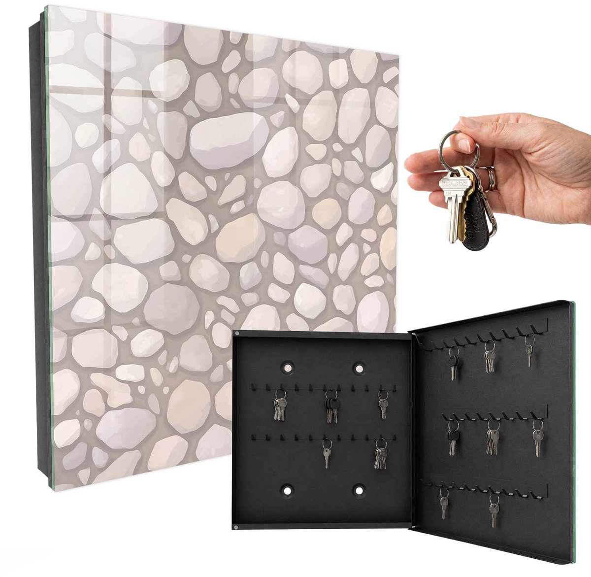 WallMuralia - Sleutelkast - 30x30x5 cm - met 50 haken - Stenen Constructie Sleutelkastje Modern - Beige Sleutelbox - Rechtsopenend - Zwart interieur