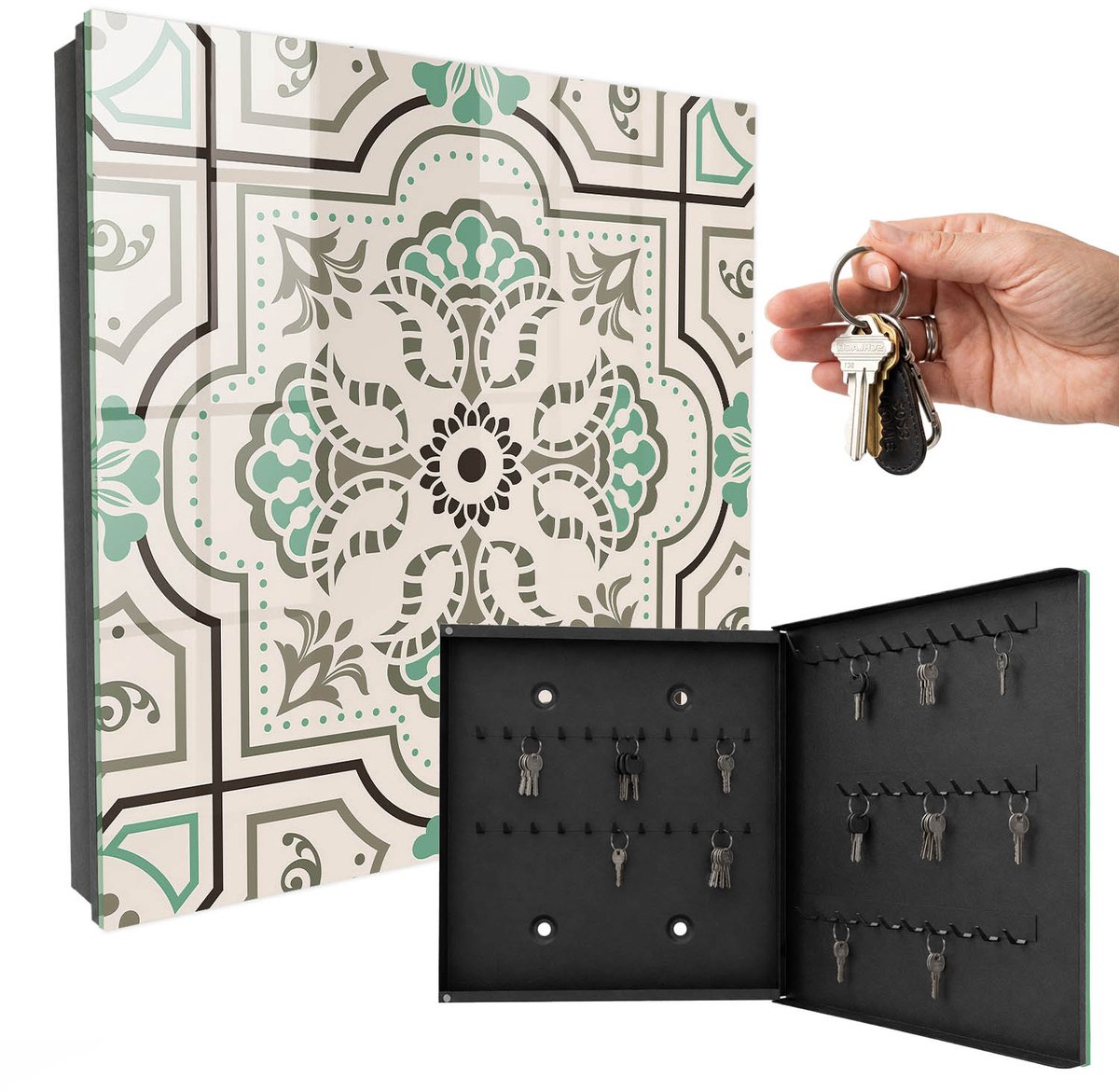 WallMuralia - Sleutelkast - 30x30x5 cm - met 50 haken - Geometrische Decoratie Groot Sleutelkastje - Beige Sleutelbox - Rechtsopenend - Zwart interieur