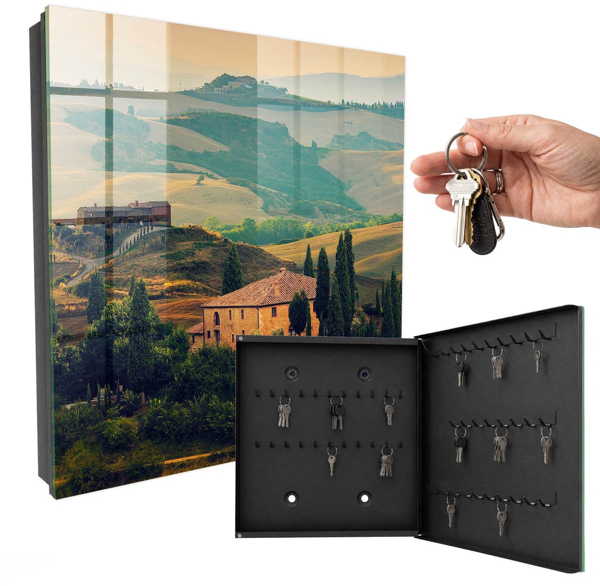 WallMuralia - Sleutelkast - 30x30x5 cm - met 50 haken - Toscaans Landschap Sleutelkastje - Groente Sleutelbox - Rechtsopenend - Zwart interieur