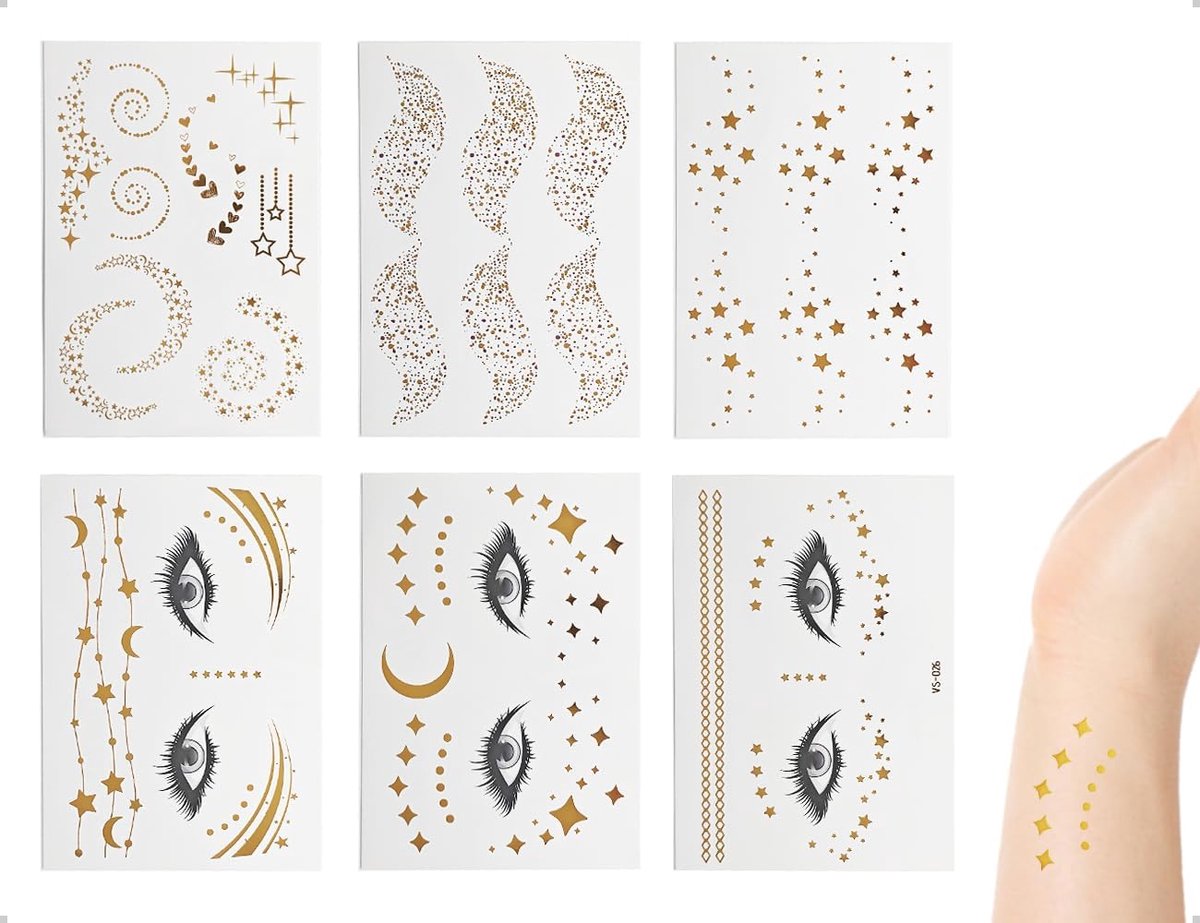 6 vellen gezichtsstickers, maan, sterren, glitter, waterdicht, ideaal voor vrouwen, meisjes, festival, carnaval, party, lichaamskunst (goud)