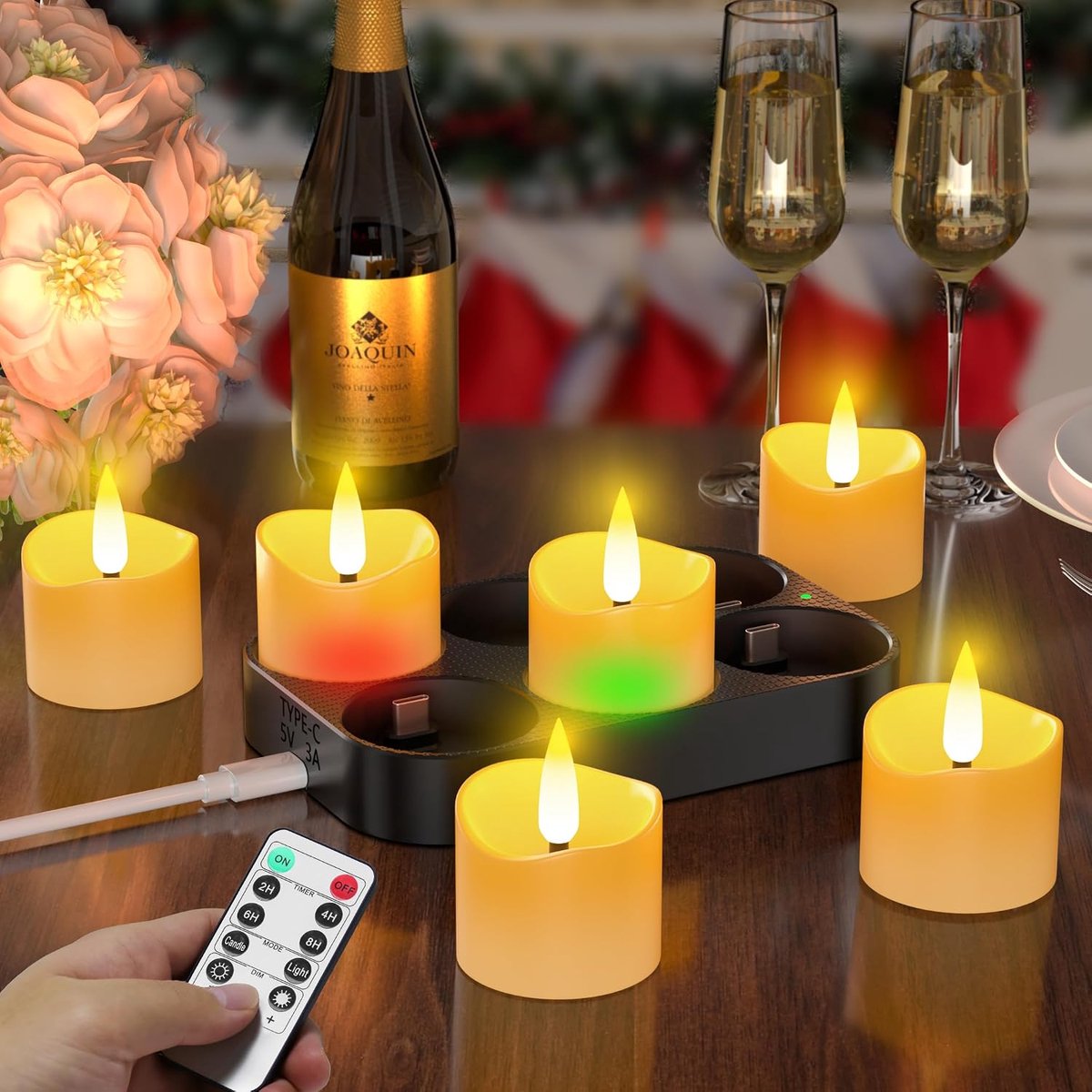 daphomeu Oplaadbare led-theelichtjes, 6 stuks Met USB-C-laadstation