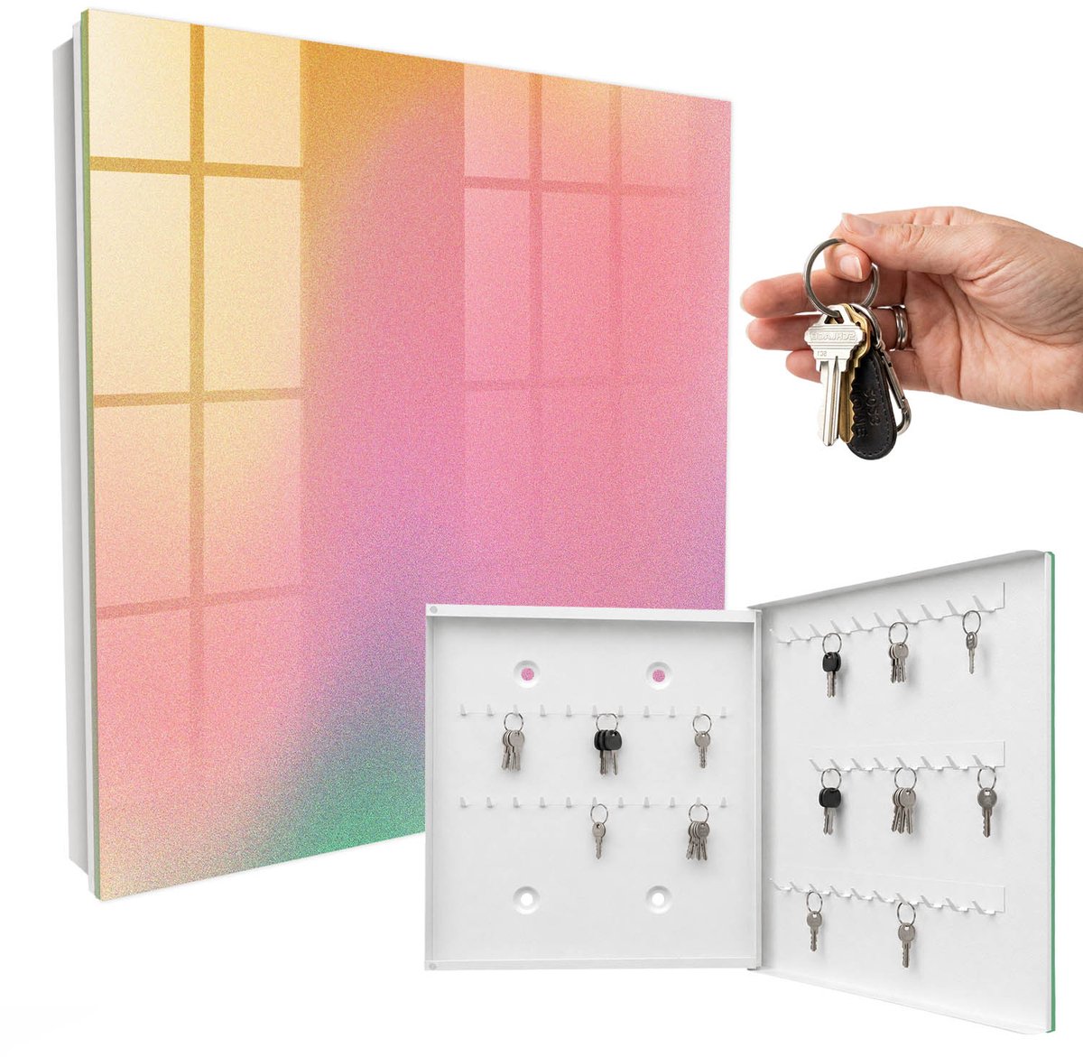 WallMuralia - Sleutelkast - 30x30x5 cm - met 50 haken - Kleurrijk Verloop Sleutelkastje Klein - Roze Sleutelbox - Rechtsopenend - Wit interieur