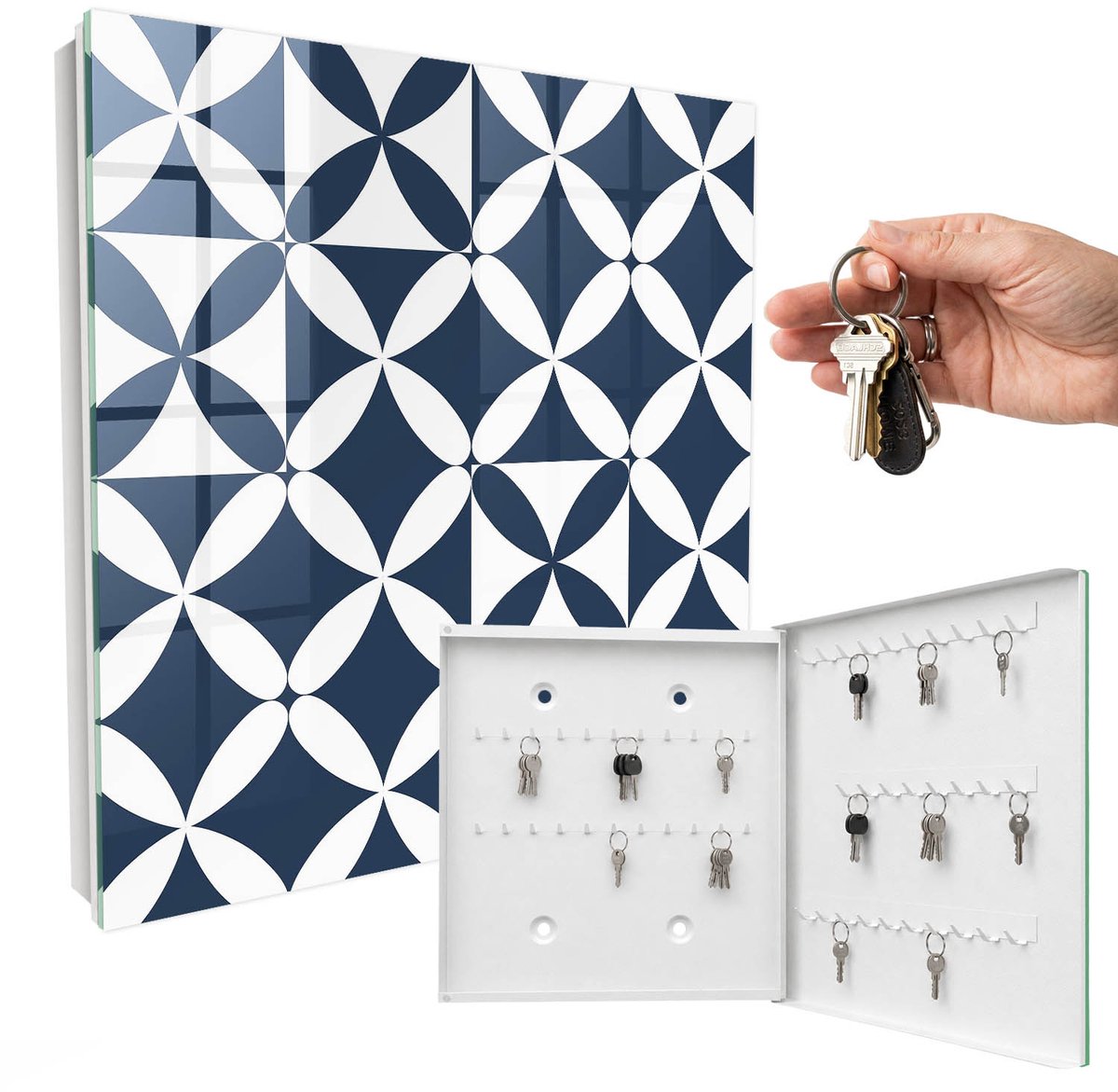WallMuralia - Sleutelkast - 30x30x5 cm - met 50 haken - Geometrische Elegantie Design Sleutelkastje - Marine Sleutelbox - Rechtsopenend - Wit interieur