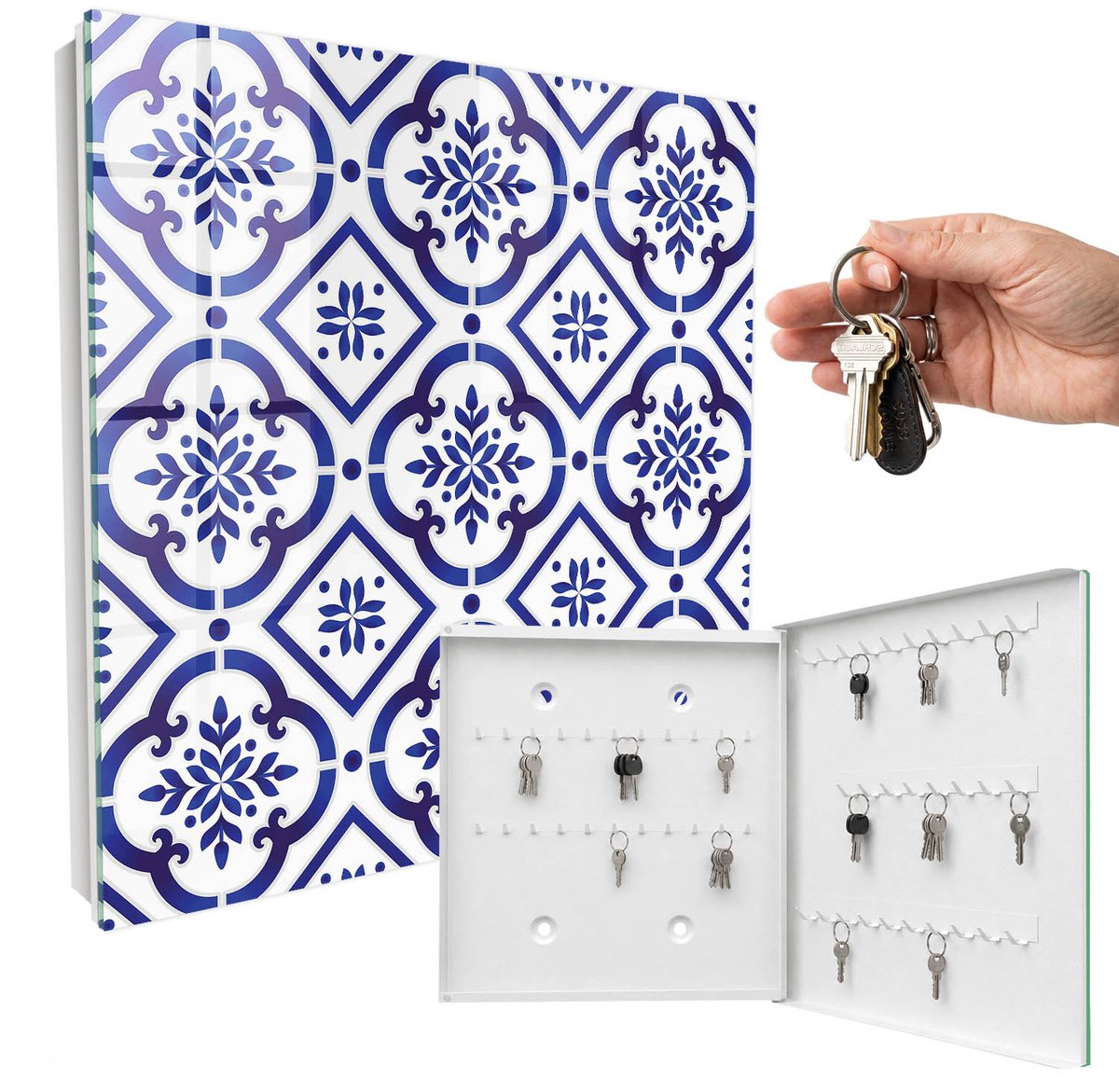 WallMuralia - Sleutelkast - 30x30x5 cm - met 50 haken - Elegante Patronen Sleutelkastje Muur - Blauw Sleutelbox - Rechtsopenend - Wit interieur