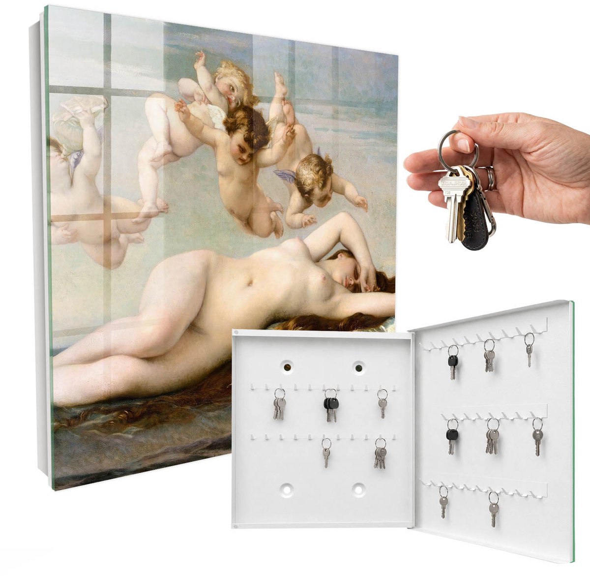 WallMuralia - Sleutelkast - 30x30x5 cm - met 50 haken - De Geboorte Van Venus Door Alexander Cabanel Leuk Sleutelkastje - Beige Sleutelbox - Rechtsopenend - Wit interieur