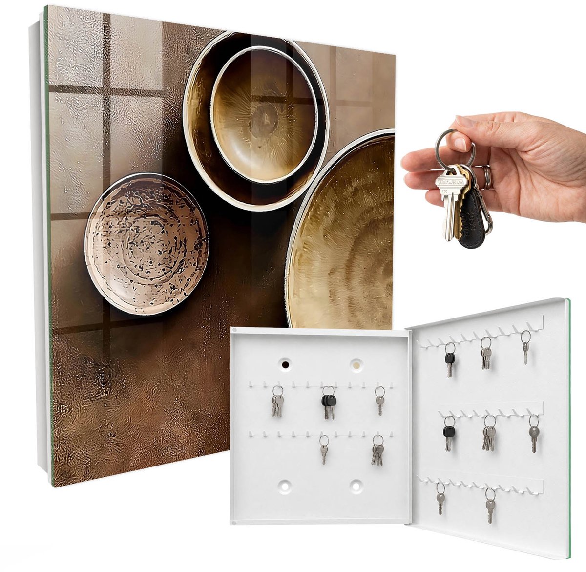 WallMuralia - Sleutelkast - 30x30x5 cm - met 50 haken - Bruine Set Sleutelkastje Gang - Bruin Sleutelbox - Rechtsopenend - Wit interieur