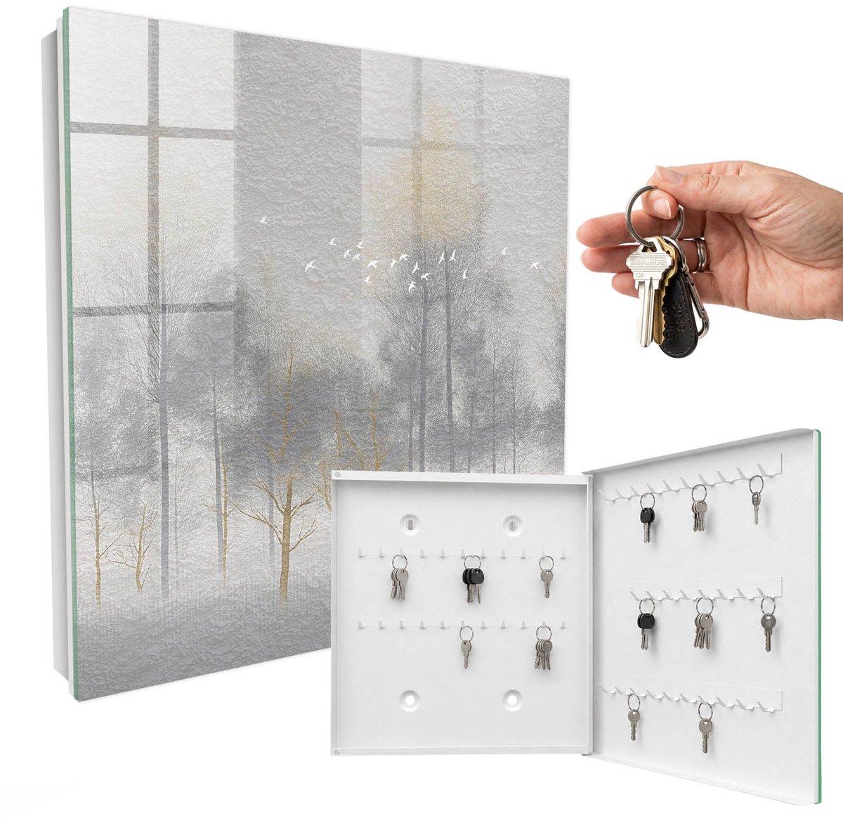 WallMuralia - Sleutelkast - 30x30x5 cm - met 50 haken - Nevelbos Sleutelkastje Design - Grijs Sleutelbox - Rechtsopenend - Wit interieur