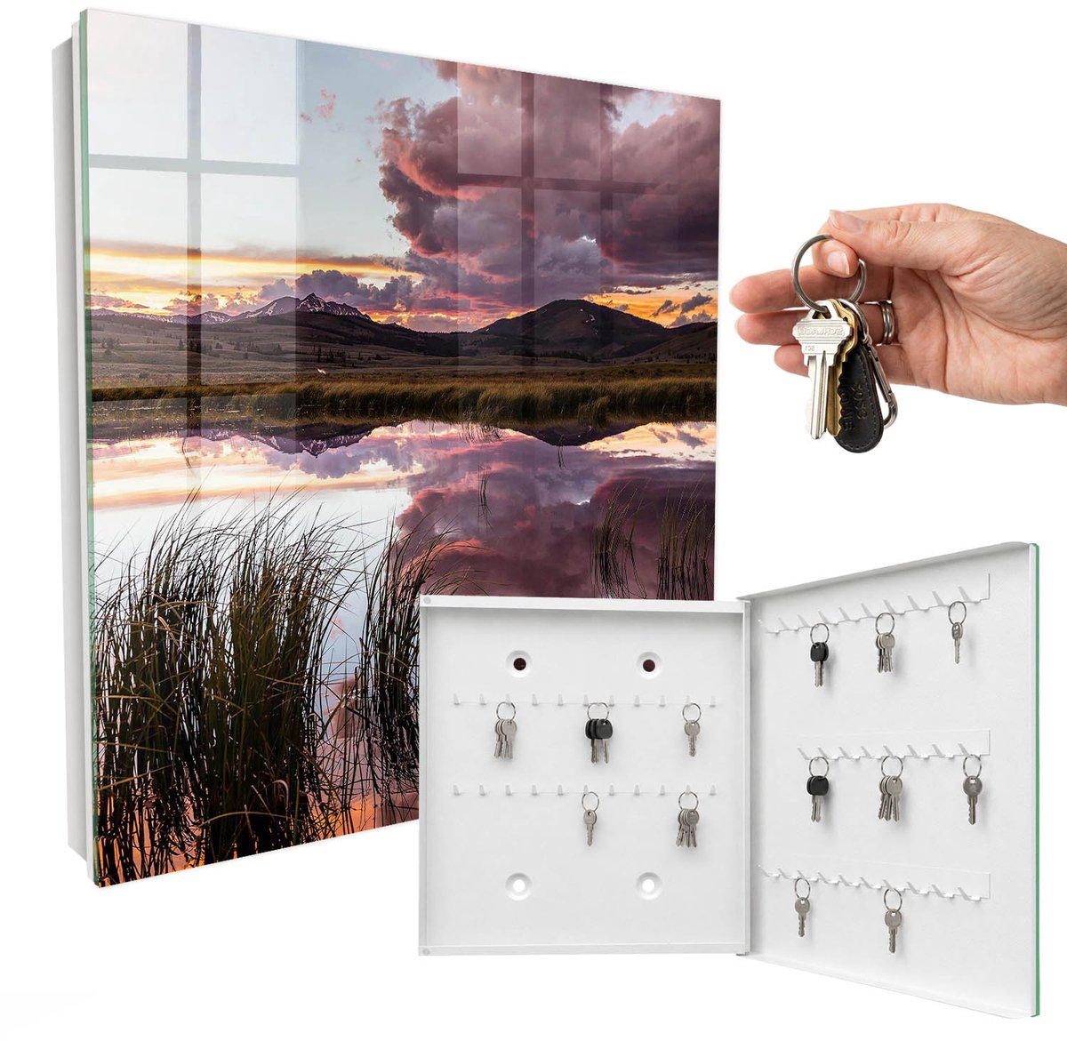 WallMuralia - Sleutelkast - 30x30x5 cm - met 50 haken - Bergachtig Westen Sleutelkastje Industrieel - Roze Sleutelbox - Rechtsopenend - Wit interieur