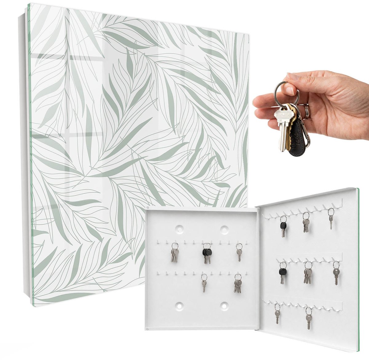 WallMuralia - Sleutelkast - 30x30x5 cm - met 50 haken - Bladerenpatroon Sleutelkastje Klein - Grijs Sleutelbox - Rechtsopenend - Wit interieur
