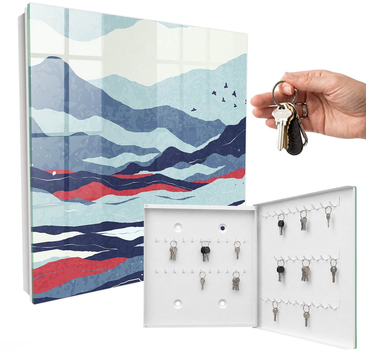 WallMuralia - Sleutelkast - 30x30x5 cm - met 50 haken - Blauwe Golven Leuk Sleutelkastje - Blauw Sleutelbox - Rechtsopenend - Wit interieur