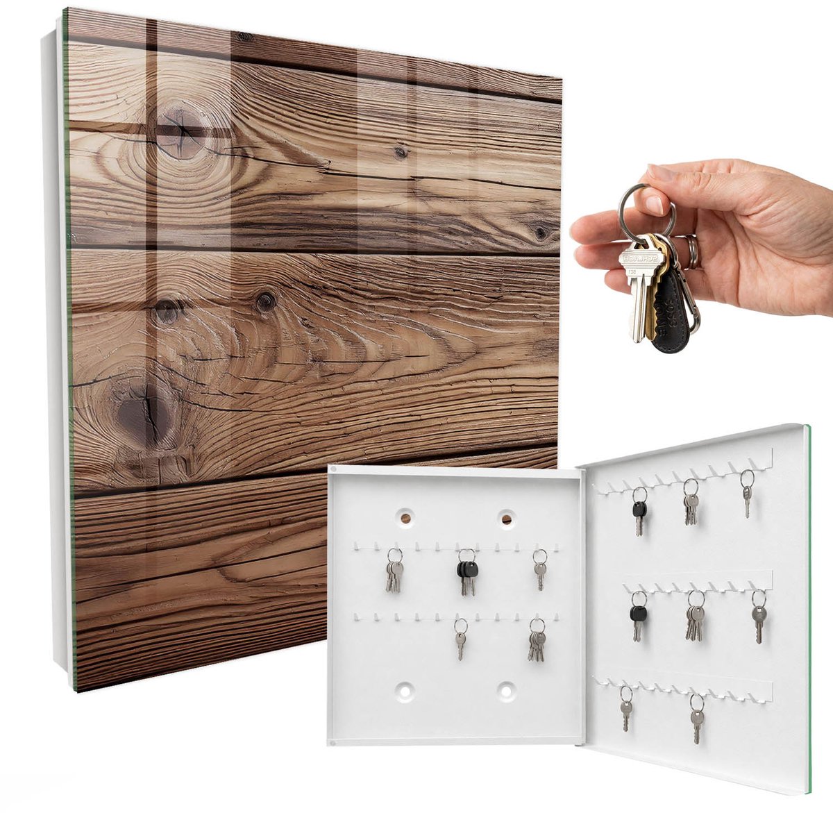 WallMuralia - Sleutelkast - 30x30x5 cm - met 50 haken - Houten Patroon Sleutelkastje Huis - Bruin Sleutelbox - Rechtsopenend - Wit interieur