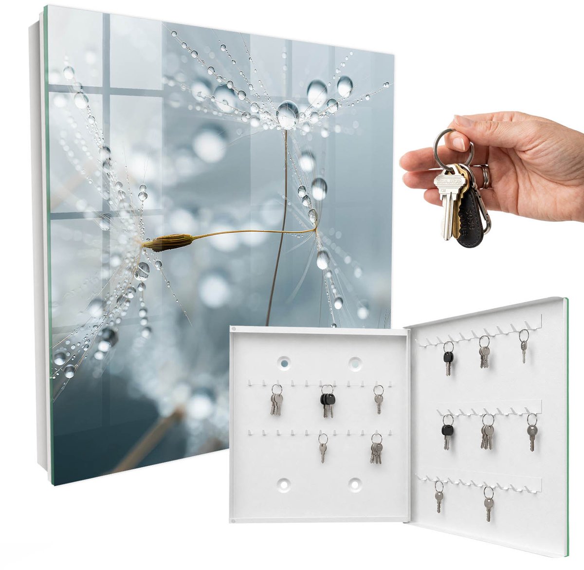 WallMuralia - Sleutelkast - 30x30x5 cm - met 50 haken - Dauwdruppels Sleutelkastje Modern - Grijs Sleutelbox - Rechtsopenend - Wit interieur