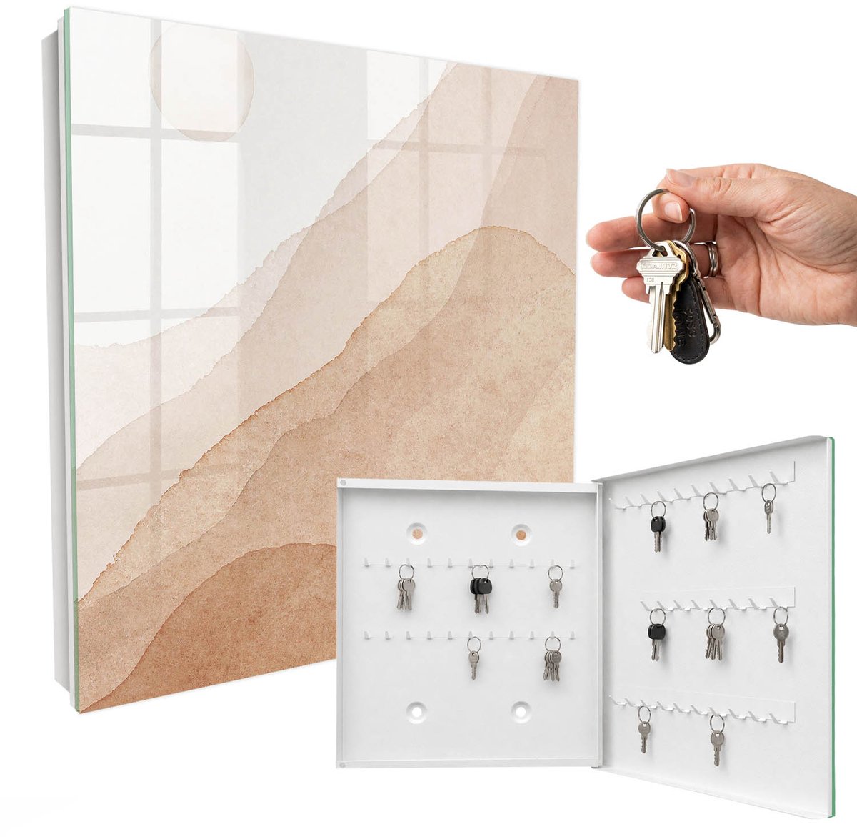 WallMuralia - Sleutelkast - 30x30x5 cm - met 50 haken - Beige Landschappen Sleutelkastje Huis - Beige Sleutelbox - Rechtsopenend - Wit interieur