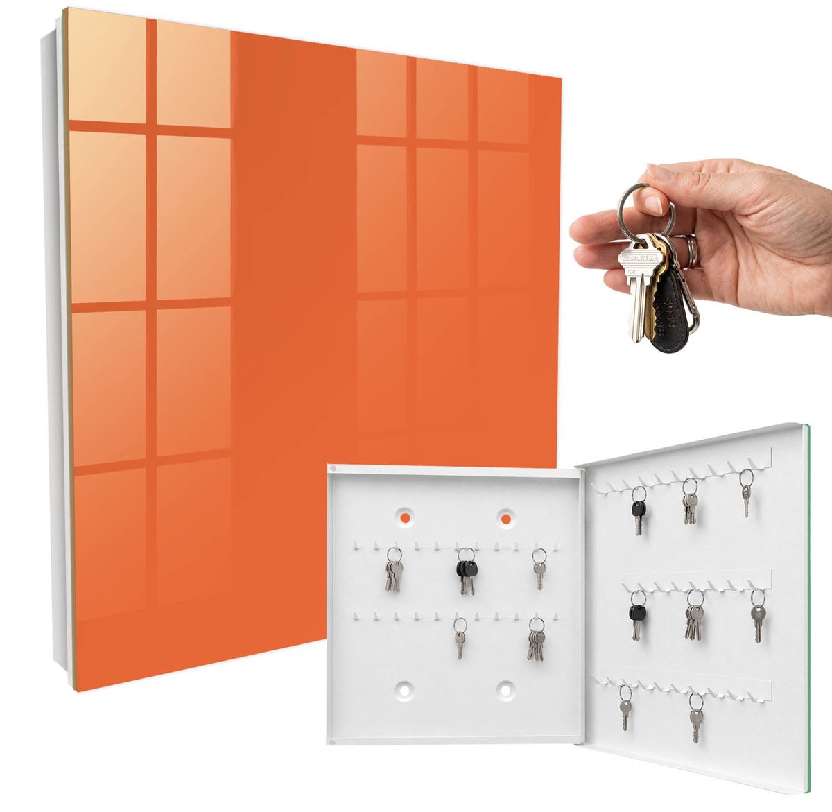 WallMuralia - Sleutelkast - 30x30x5 cm - met 50 haken - Sterk Oranje Sleutelkastje Hal - Oranje Sleutelbox - Rechtsopenend - Wit interieur