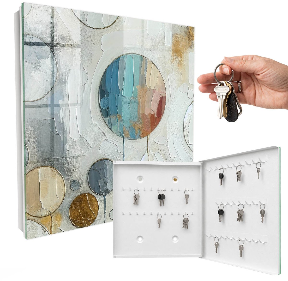 WallMuralia - Sleutelkast - 30x30x5 cm - met 50 haken - Cirkelvormige Compositie Sleutelkastje Gang - Wit Sleutelbox - Rechtsopenend - Wit interieur