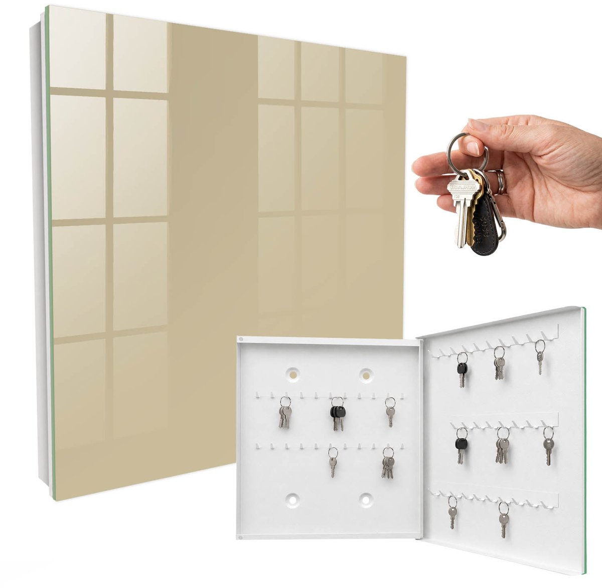 WallMuralia - Sleutelkast - 30x30x5 cm - met 50 haken - Gedempt Bruin Groot Sleutelkastje - Bruin Sleutelbox - Rechtsopenend - Wit interieur