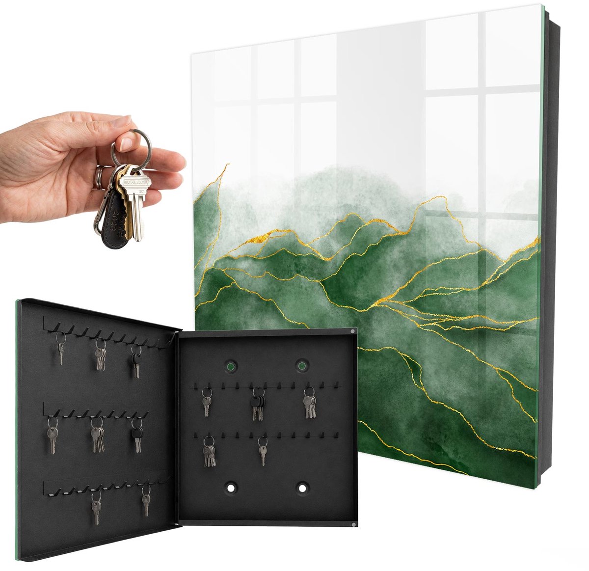WallMuralia - Sleutelkast - 30x30x5 cm - met 50 haken - Groene Heuvels Sleutelkastje Design - Groente Sleutelbox - Linksopenend - Zwart interieur