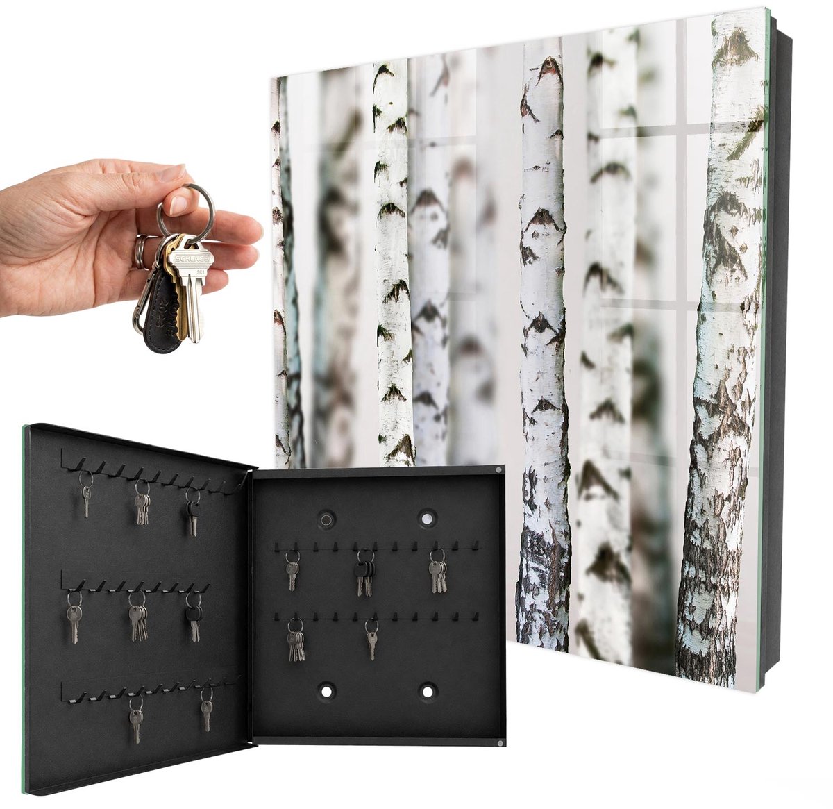 WallMuralia - Sleutelkast - 30x30x5 cm - met 50 haken - Berkenstammen Sleutelkastje Voor Binnen - Wit Sleutelbox - Linksopenend - Zwart interieur