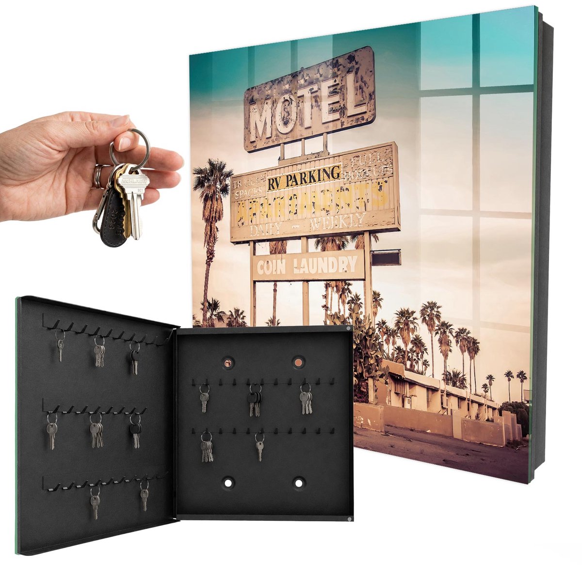WallMuralia - Sleutelkast - 30x30x5 cm - met 50 haken - Retro Motel Sleutelkastje - Beige Sleutelbox - Linksopenend - Zwart interieur