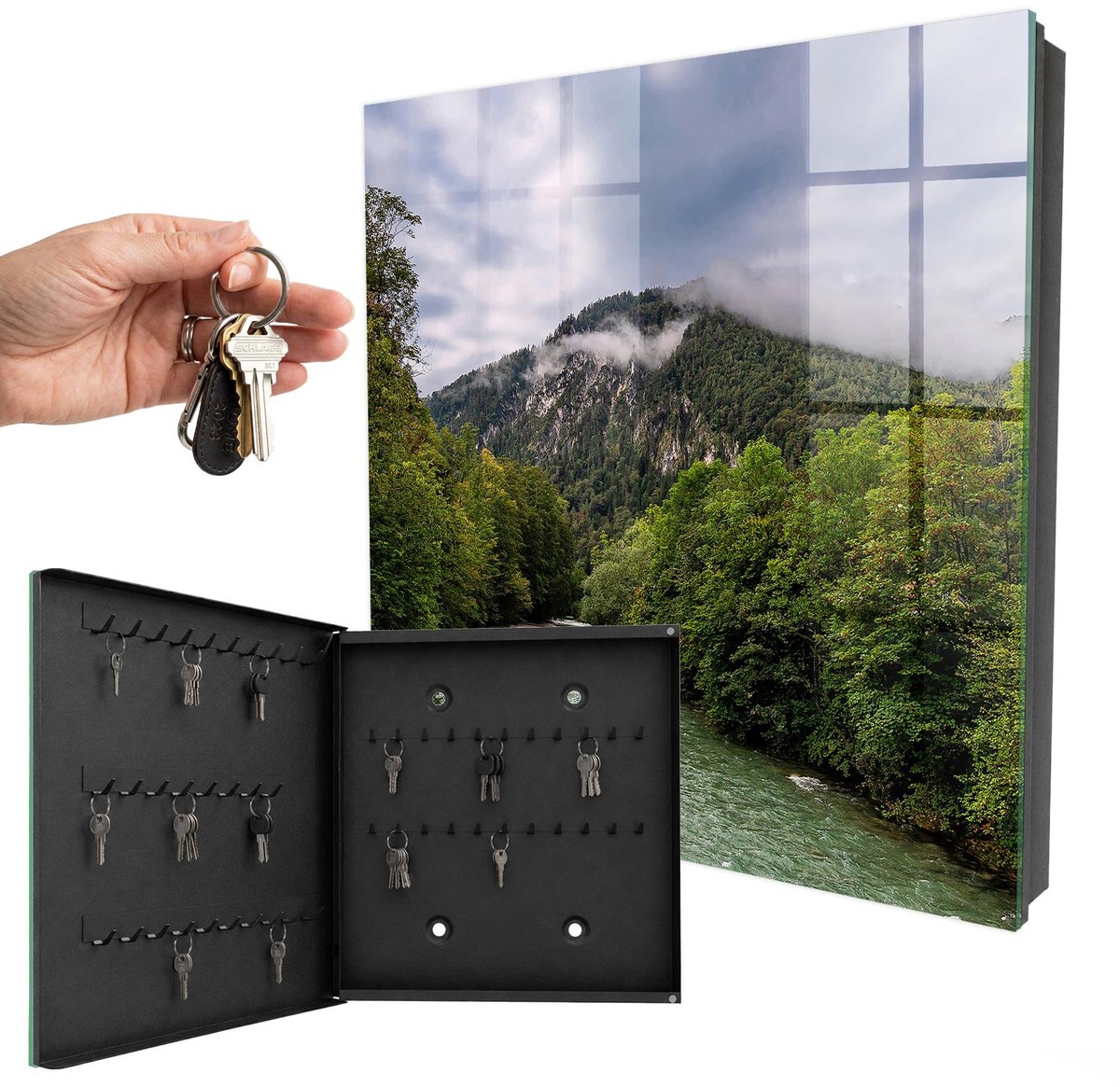 WallMuralia - Sleutelkast - 30x30x5 cm - met 50 haken - Berglandschap Sleutelkastje Industrieel - Groente Sleutelbox - Linksopenend - Zwart interieur