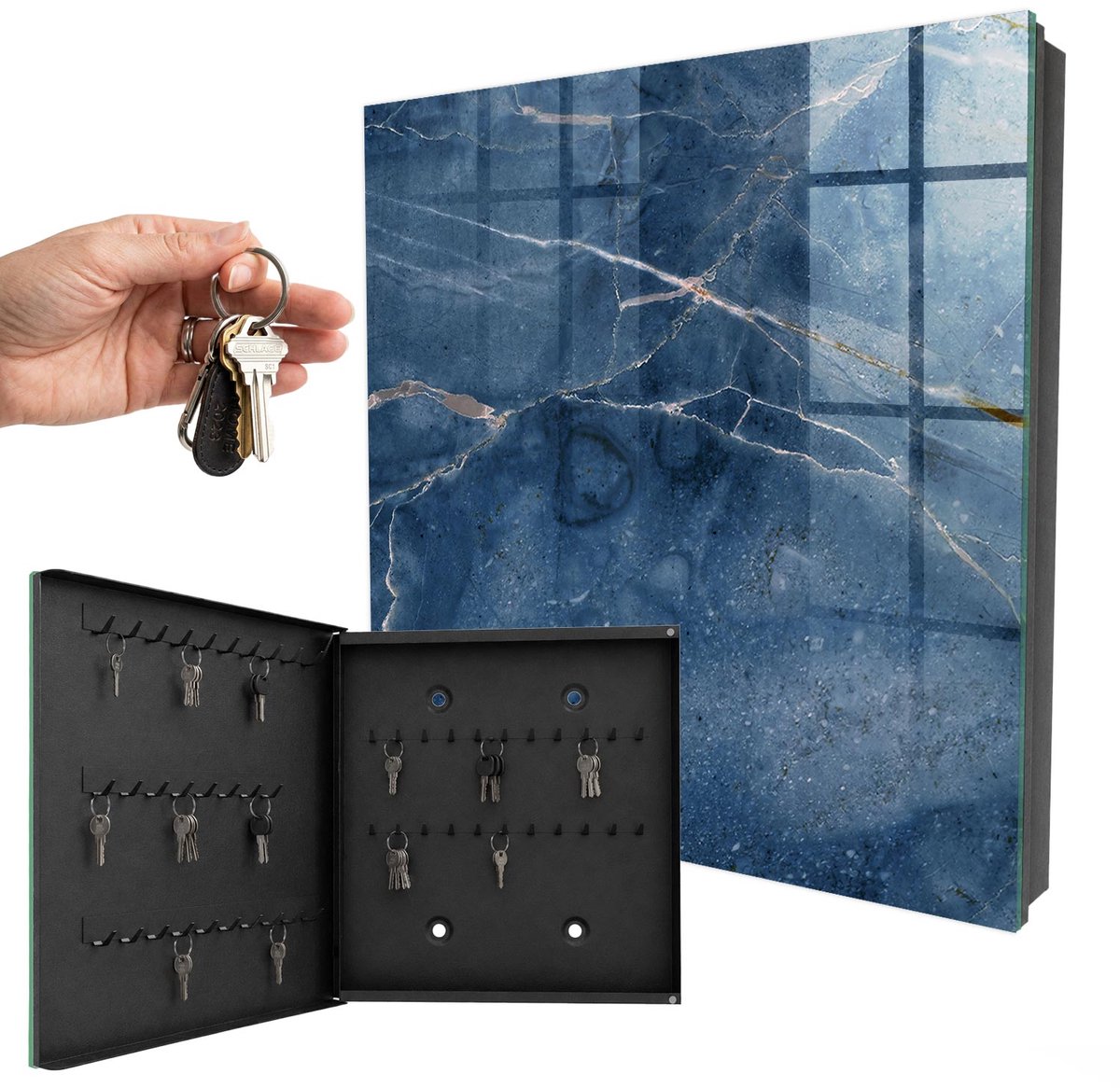 WallMuralia - Sleutelkast - 30x30x5 cm - met 50 haken - Blauwe Marmer Sleutelkastje Design - Blauw Sleutelbox - Linksopenend - Zwart interieur