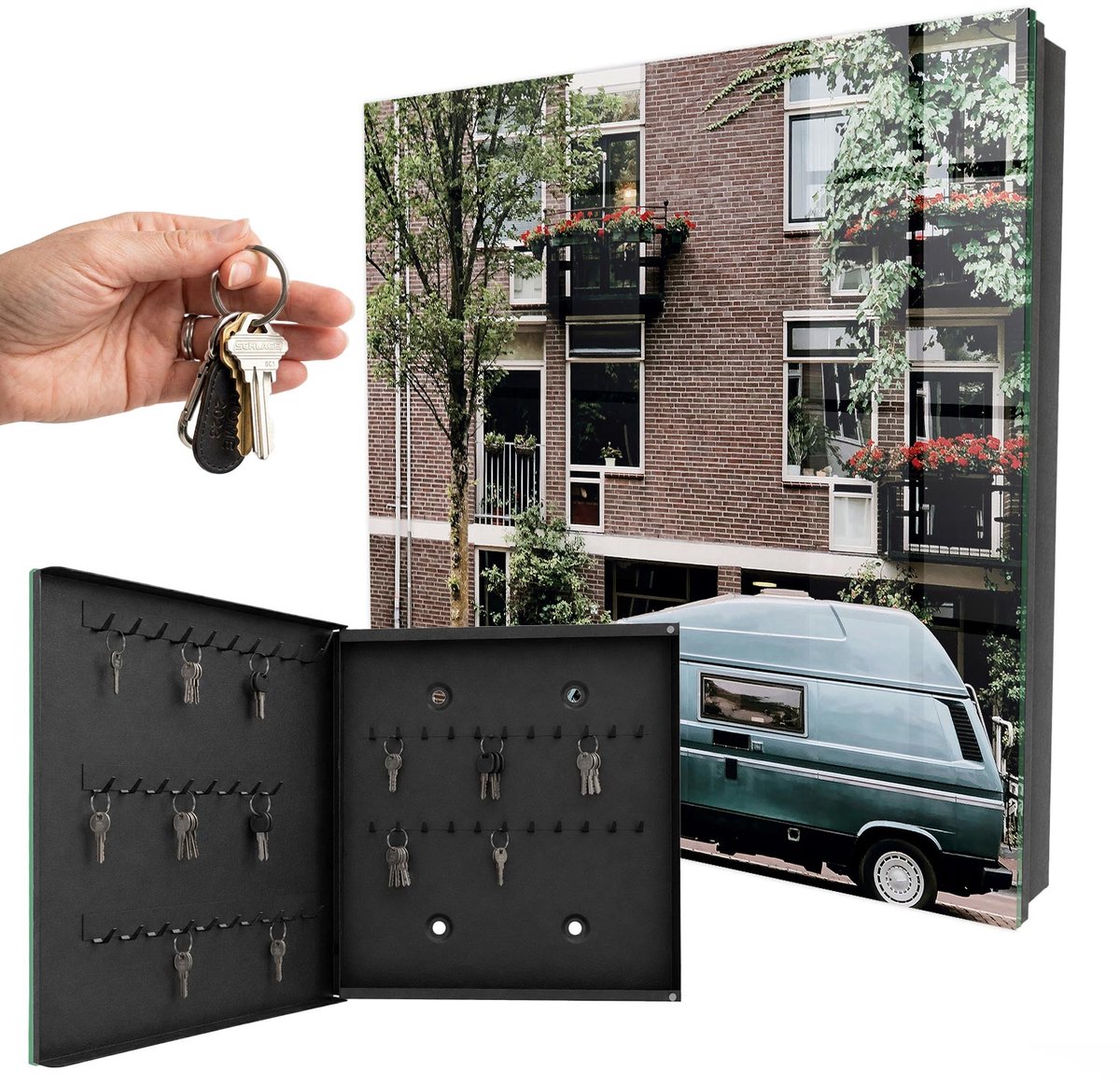 WallMuralia - Sleutelkast - 30x30x5 cm - met 50 haken - Stadslandschap Sleutelkastje - Bruin Sleutelbox - Linksopenend - Zwart interieur