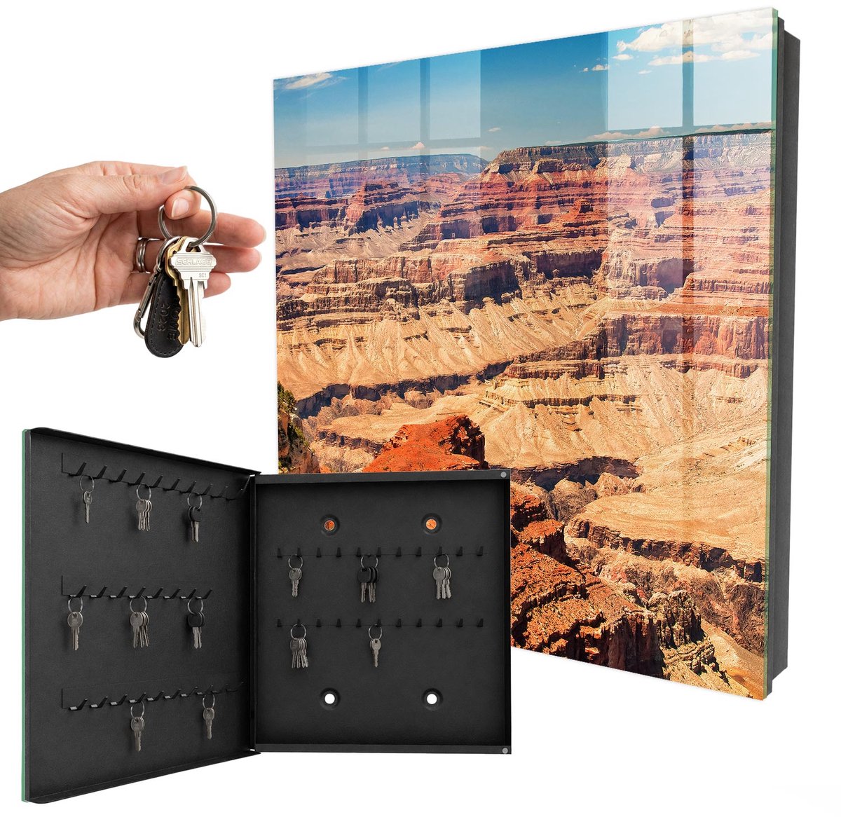 WallMuralia - Sleutelkast - 30x30x5 cm - met 50 haken - Steen Schoonheid Sleutelkastje - Geel Sleutelbox - Linksopenend - Zwart interieur